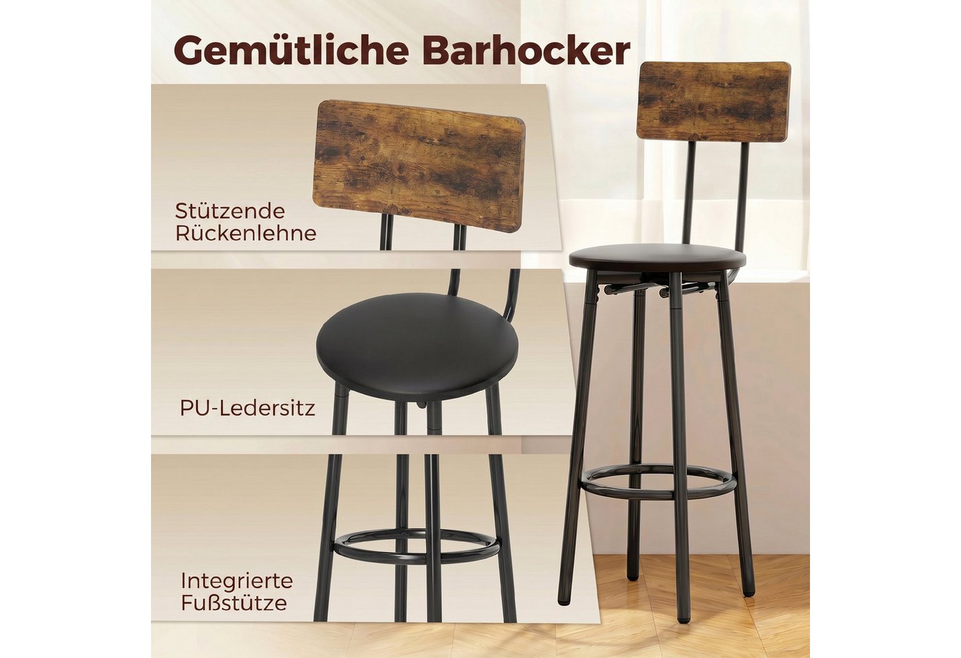 HOMCOM Bargruppe Bartisch mit Barhocker-Set Esstisch mit 2 Gepolsterten Stühlen, (Set, 3-tlg., 1 Tisch, 2 Hocker), Gepolsterte Barhocker, offene Ablage, platzsp – Bild 5 von 5