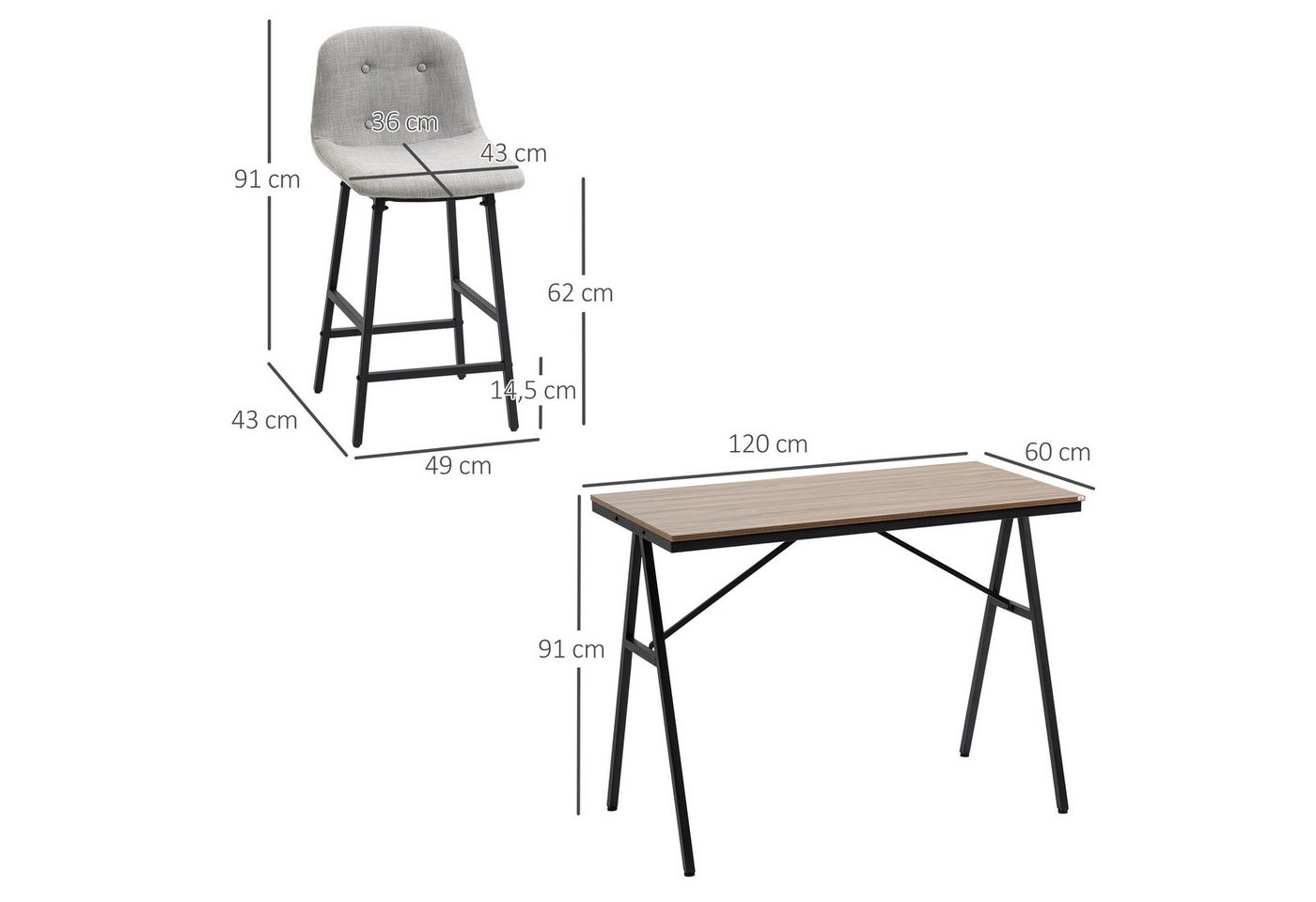 HOMCOM Bargruppe Bartisch mit Barhocker-Set Esstisch mit 4 Stühlen mit Rückenlehne, (Bartisch-Set, 5-tlg., 5-teiliges Bartisch-Set), Hellbraun+Hellgrau+Schwarz – Bild 3 von 5
