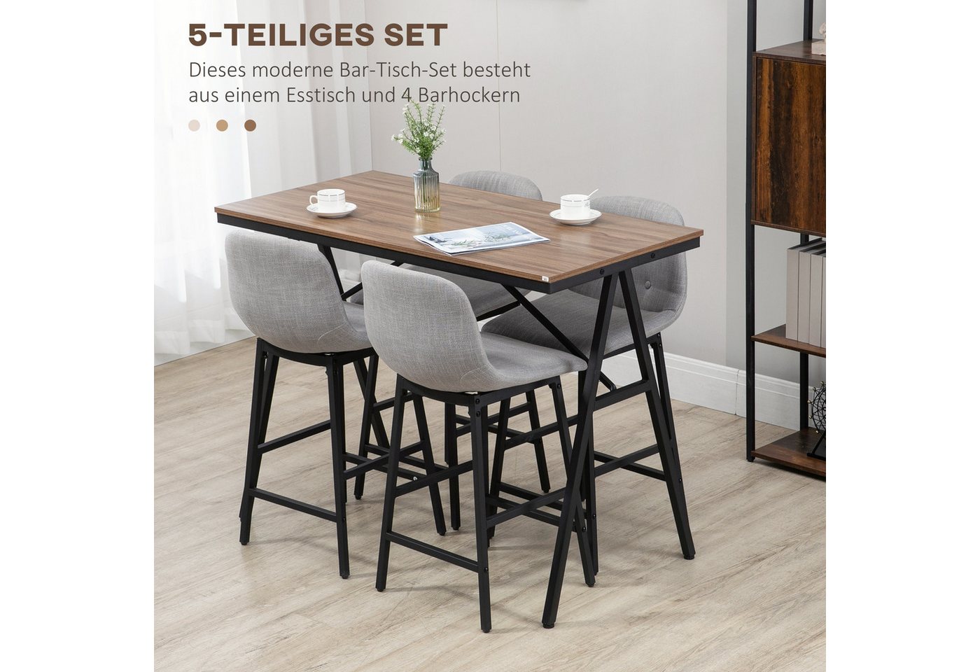 HOMCOM Bargruppe Bartisch mit Barhocker-Set Esstisch mit 4 Stühlen mit Rückenlehne, (Bartisch-Set, 5-tlg., 5-teiliges Bartisch-Set), Hellbraun+Hellgrau+Schwarz – Bild 4 von 5