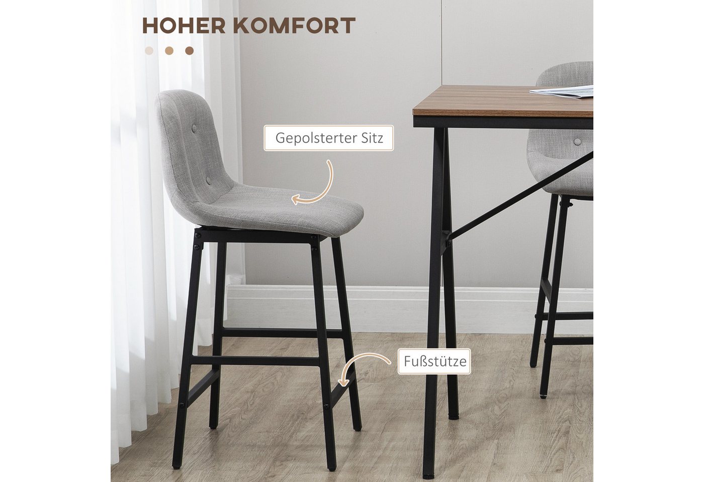 HOMCOM Bargruppe Bartisch mit Barhocker-Set Esstisch mit 4 Stühlen mit Rückenlehne, (Bartisch-Set, 5-tlg., 5-teiliges Bartisch-Set), Hellbraun+Hellgrau+Schwarz – Bild 5 von 5