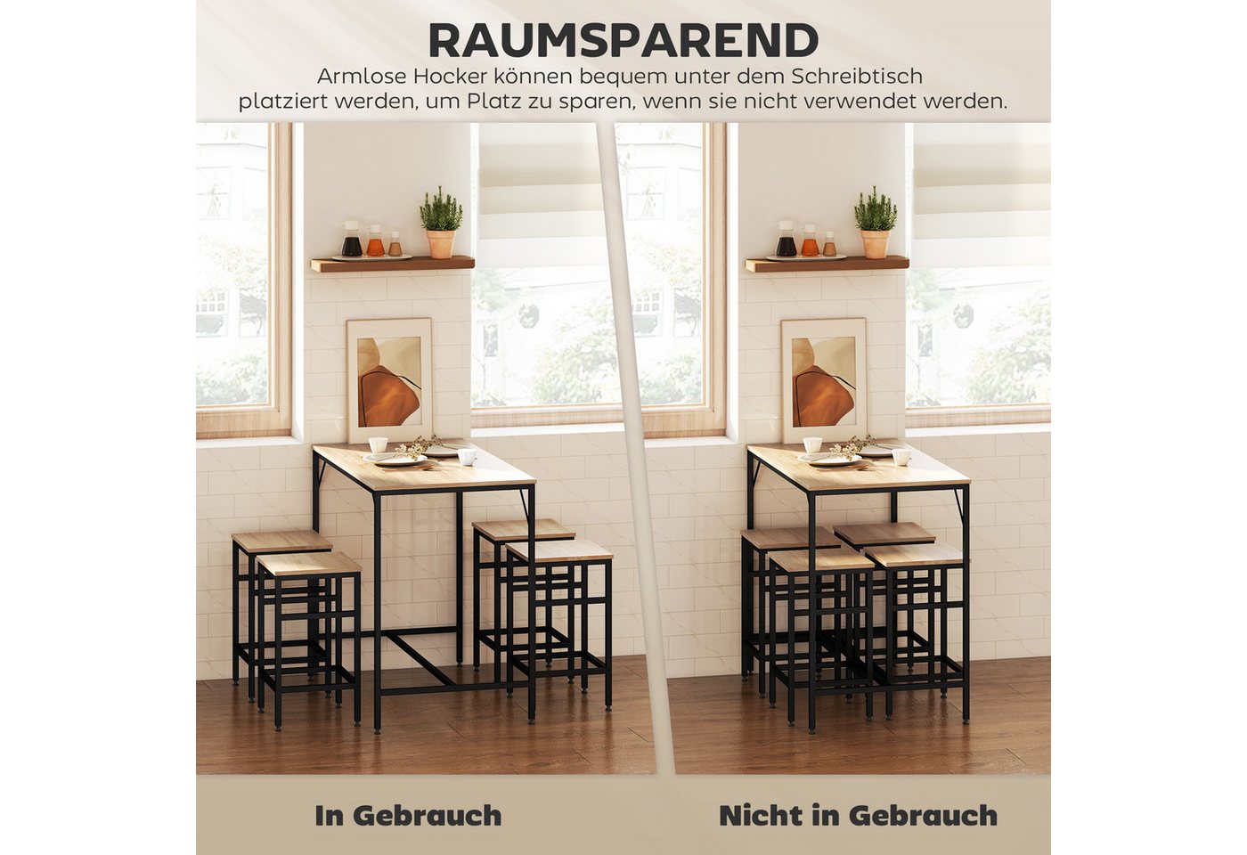 HOMCOM Bargruppe Bartisch mit Barhocker-Set Esstisch mit 4 Stühlen, (Tischset, 5-tlg., Bartisch-Set), Platzsparend – Bild 4 von 5