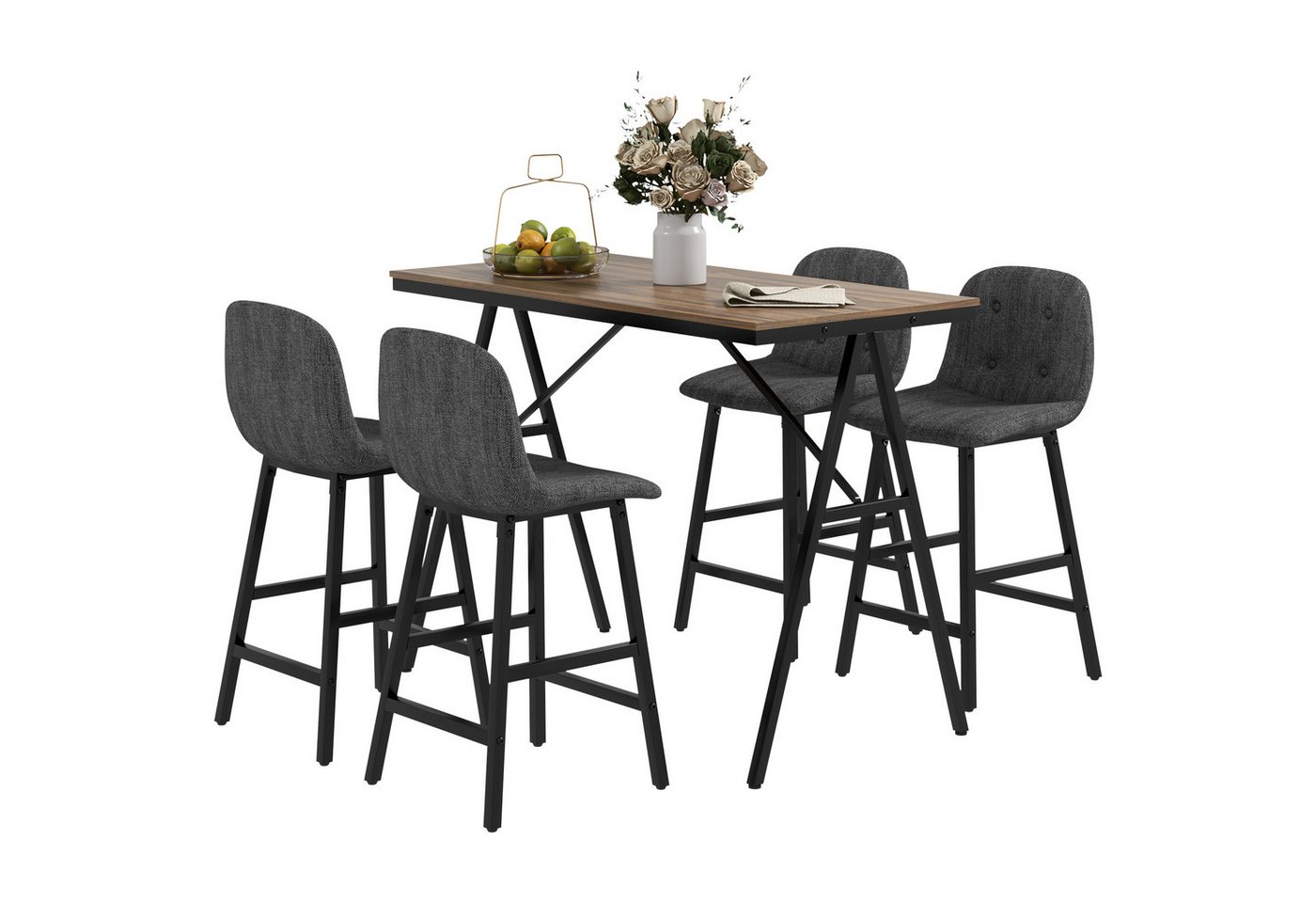 HOMCOM Bargruppe Bartisch mit Barhocker-Set Esstisch mit 4 Stühlen mit Rückenlehne, (Bartisch-Set, 5-tlg., 5-teiliges Bartisch-Set), Dunkelgrau+Schwarz – Bild 2 von 5