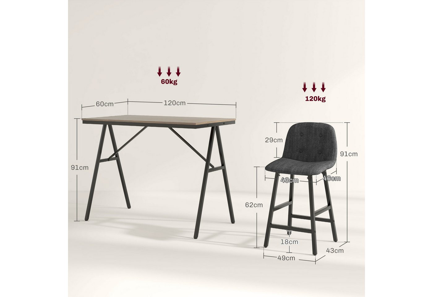 HOMCOM Bargruppe Bartisch mit Barhocker-Set Esstisch mit 4 Stühlen mit Rückenlehne, (Bartisch-Set, 5-tlg., 5-teiliges Bartisch-Set), Dunkelgrau+Schwarz – Bild 3 von 5