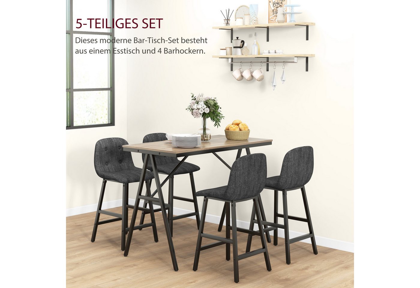 HOMCOM Bargruppe Bartisch mit Barhocker-Set Esstisch mit 4 Stühlen mit Rückenlehne, (Bartisch-Set, 5-tlg., 5-teiliges Bartisch-Set), Dunkelgrau+Schwarz – Bild 4 von 5