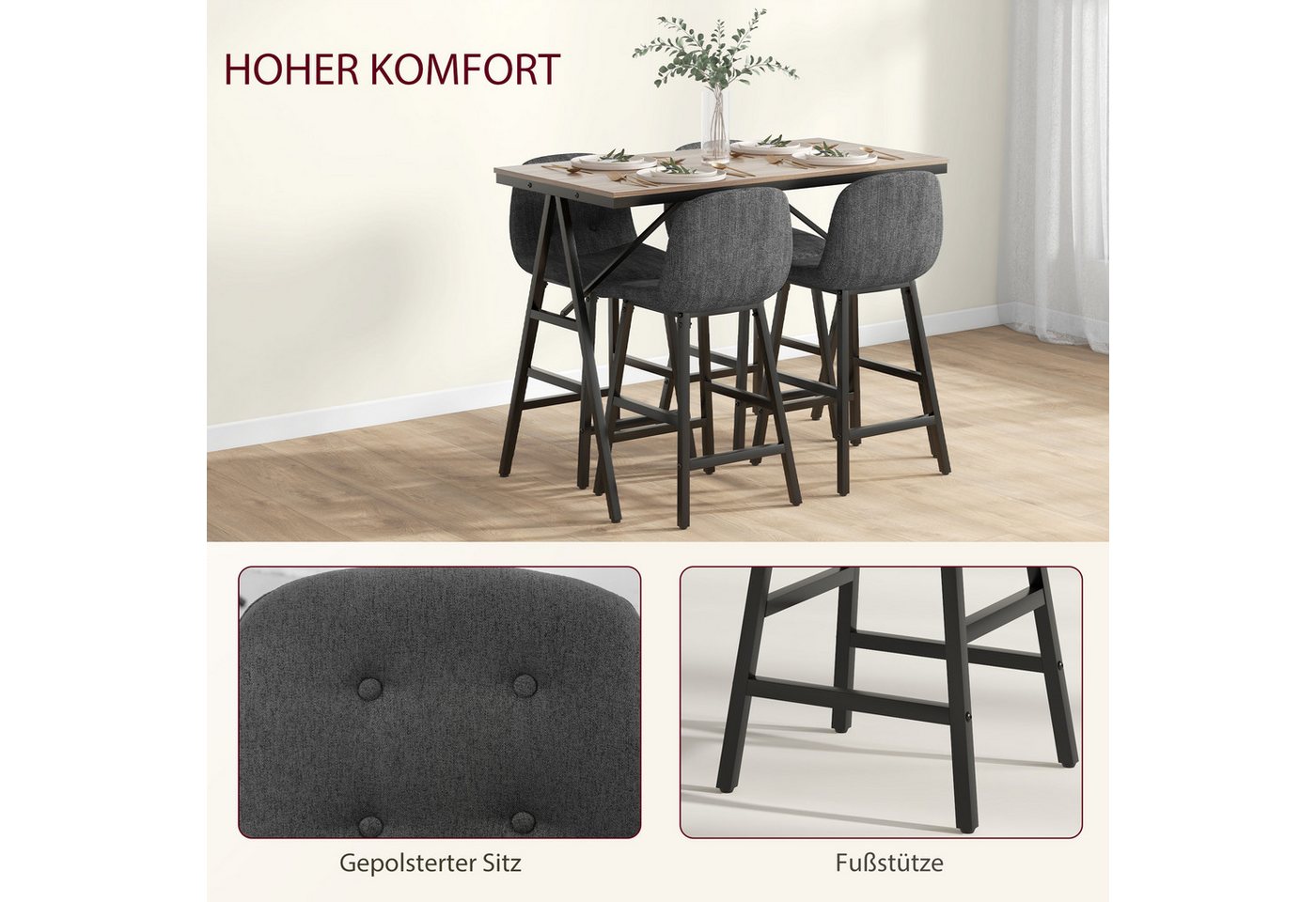 HOMCOM Bargruppe Bartisch mit Barhocker-Set Esstisch mit 4 Stühlen mit Rückenlehne, (Bartisch-Set, 5-tlg., 5-teiliges Bartisch-Set), Dunkelgrau+Schwarz – Bild 5 von 5