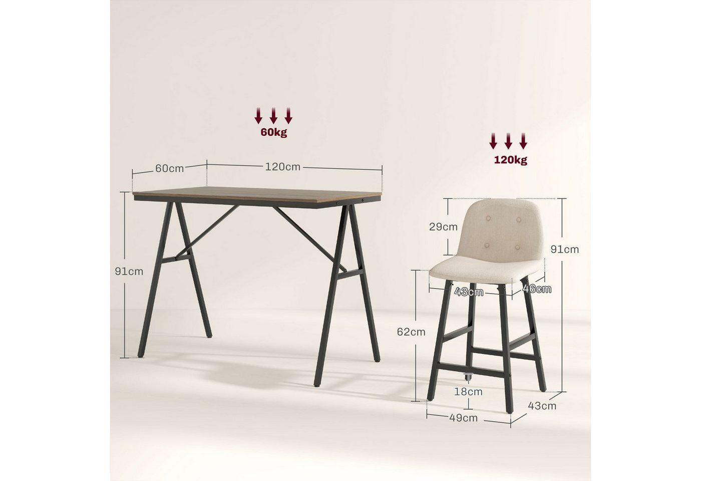 HOMCOM Bargruppe Bartisch mit Barhocker-Set Esstisch mit 4 Stühlen mit Rückenlehne, (Bartisch-Set, 5-tlg., 5-teiliges Bartisch-Set), Beige – Bild 3 von 5