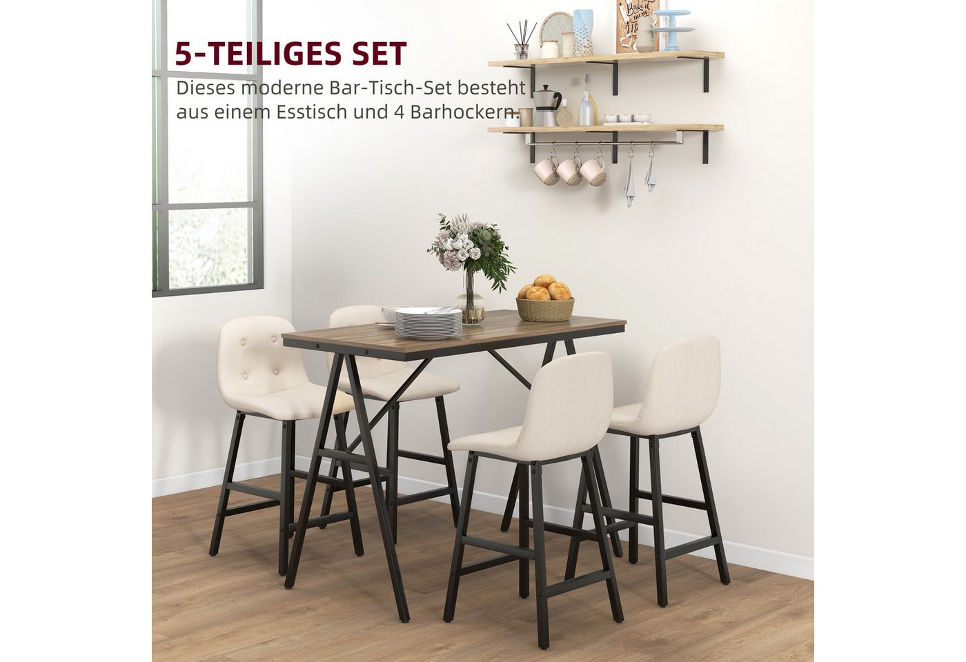 HOMCOM Bargruppe Bartisch mit Barhocker-Set Esstisch mit 4 Stühlen mit Rückenlehne, (Bartisch-Set, 5-tlg., 5-teiliges Bartisch-Set), Beige – Bild 4 von 5