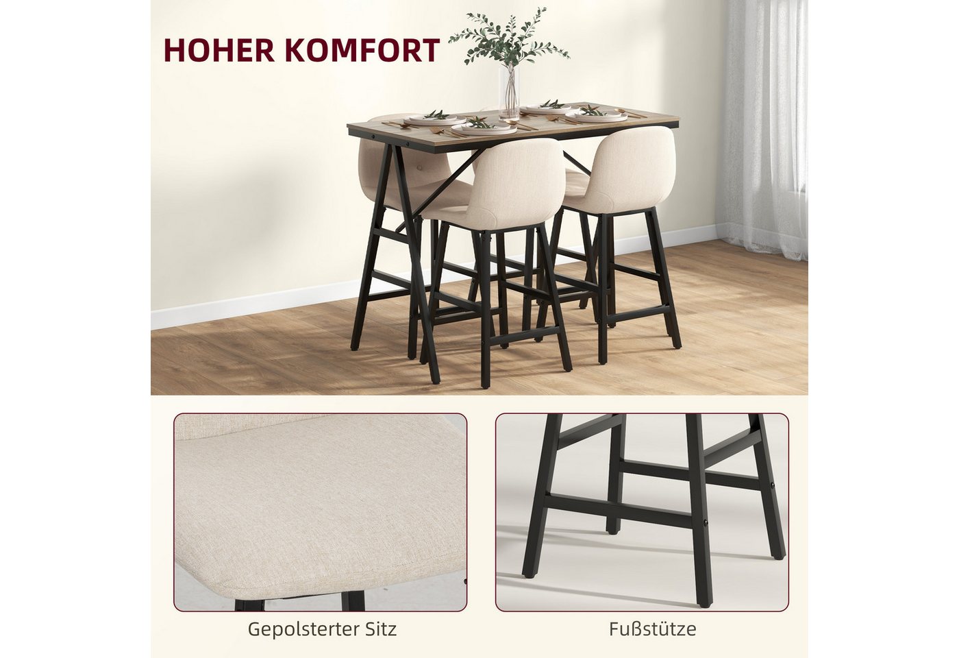 HOMCOM Bargruppe Bartisch mit Barhocker-Set Esstisch mit 4 Stühlen mit Rückenlehne, (Bartisch-Set, 5-tlg., 5-teiliges Bartisch-Set), Beige – Bild 5 von 5