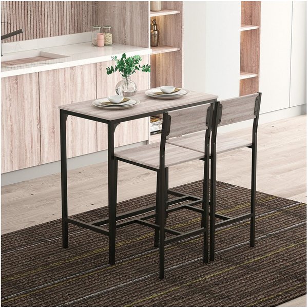 HOMCOM Bargruppe Bartisch Set Esstisch mit 2 Stühlen mit Rückenlehne, Naturholz, (Sitzgruppe, 3-tlg., Essgruppe), Natur+Schwarz MDF Metall