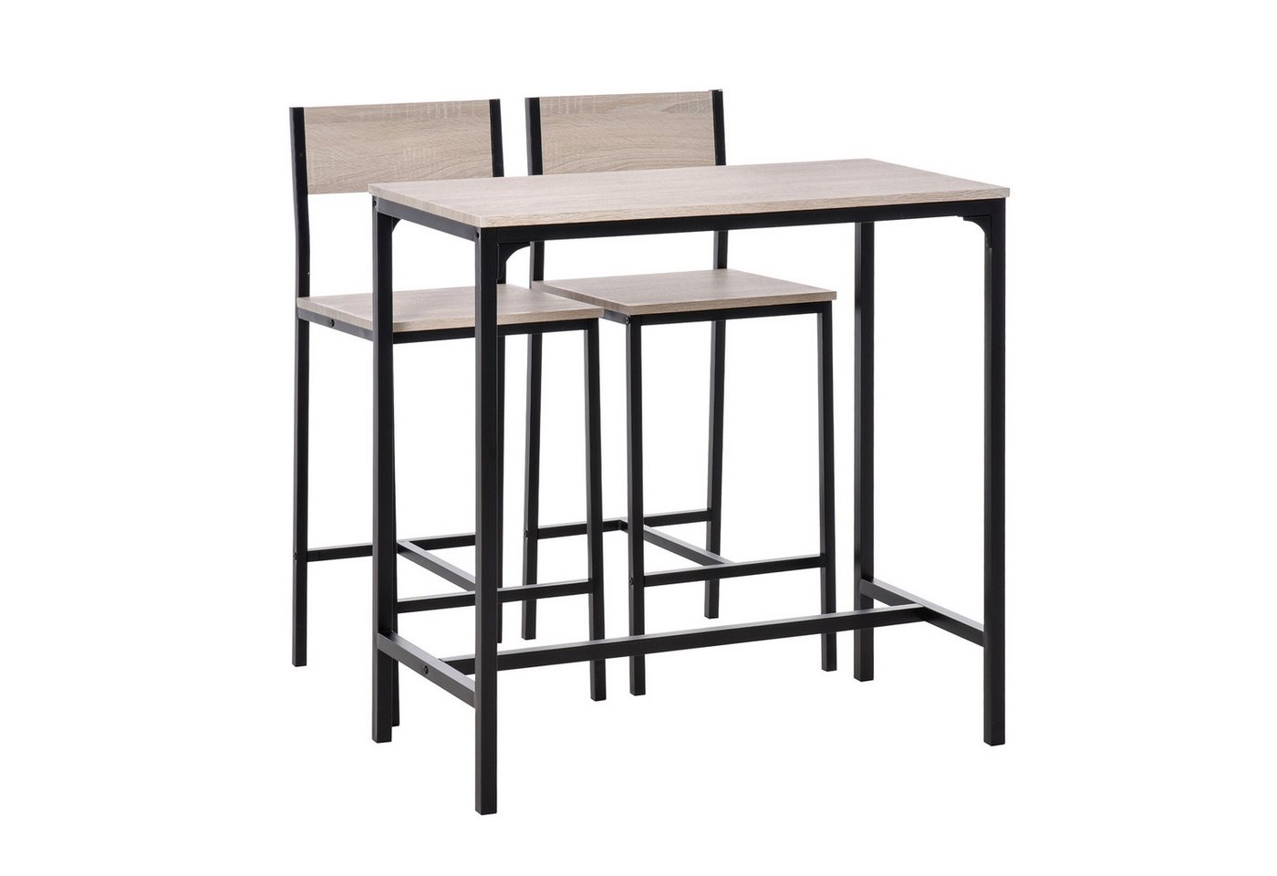HOMCOM Bargruppe Bartisch Set Esstisch mit 2 Stühlen mit Rückenlehne, Naturholz, (Sitzgruppe, 3-tlg., Essgruppe), Natur+Schwarz MDF Metall – Bild 2 von 5