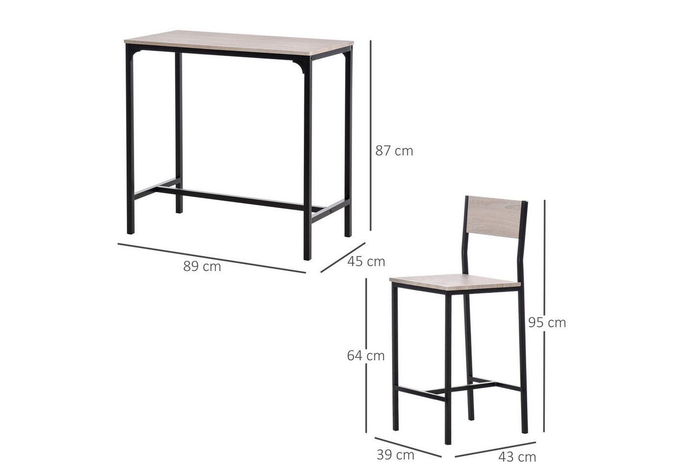 HOMCOM Bargruppe Bartisch Set Esstisch mit 2 Stühlen mit Rückenlehne, Naturholz, (Sitzgruppe, 3-tlg., Essgruppe), Natur+Schwarz MDF Metall – Bild 3 von 5