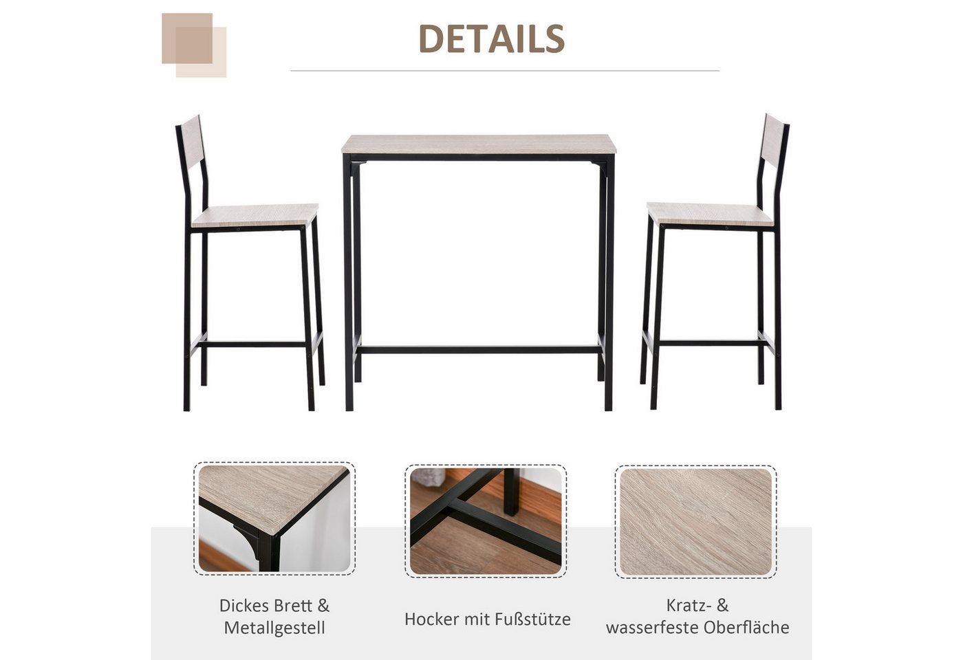 HOMCOM Bargruppe Bartisch Set Esstisch mit 2 Stühlen mit Rückenlehne, Naturholz, (Sitzgruppe, 3-tlg., Essgruppe), Natur+Schwarz MDF Metall – Bild 4 von 5