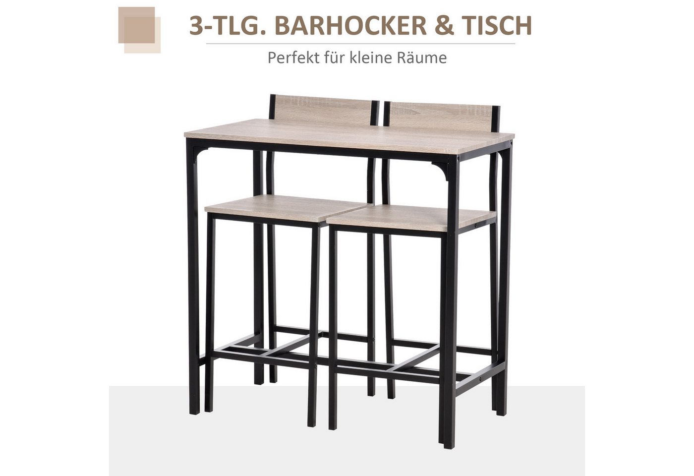 HOMCOM Bargruppe Bartisch Set Esstisch mit 2 Stühlen mit Rückenlehne, Naturholz, (Sitzgruppe, 3-tlg., Essgruppe), Natur+Schwarz MDF Metall – Bild 5 von 5
