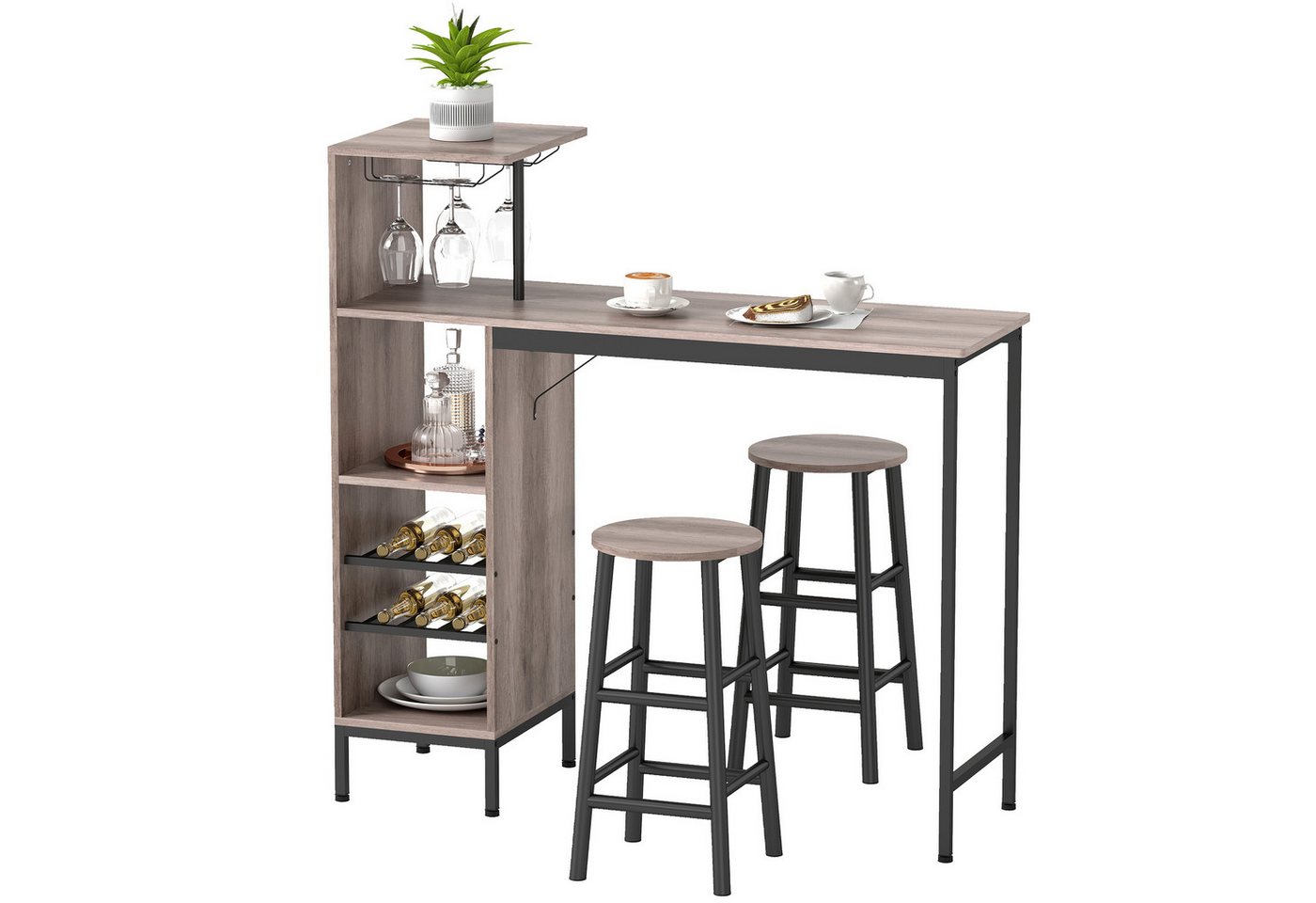 HOMCOM Bargruppe Esstisch mit Weinglashalter, Ablage, Industrial Bartisch Set, (Bartisch-Set, 3-tlg., Esstisch mit 2 Stühlen), Platzsparendes Design, Grau – Bild 2 von 5