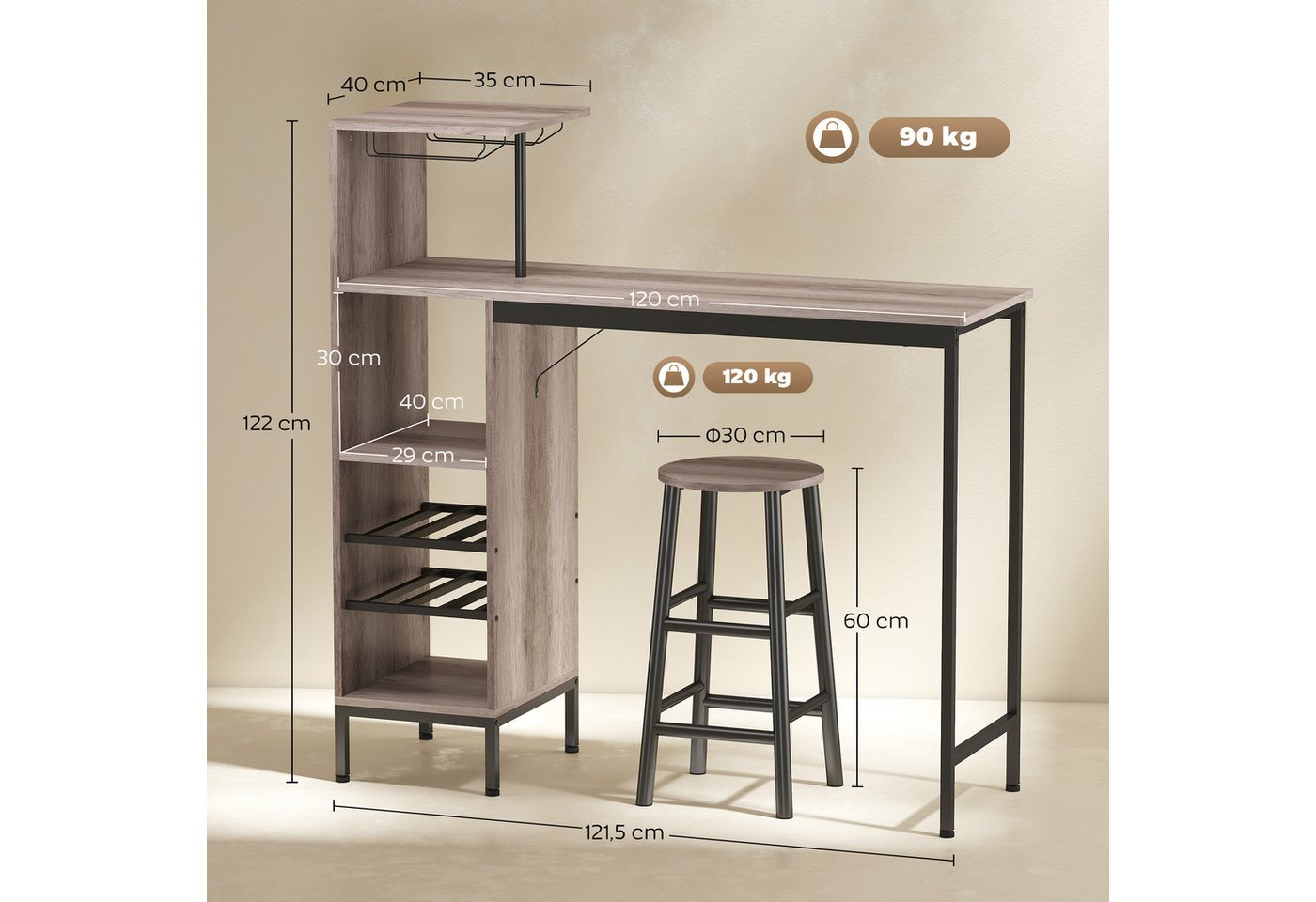 HOMCOM Bargruppe Esstisch mit Weinglashalter, Ablage, Industrial Bartisch Set, (Bartisch-Set, 3-tlg., Esstisch mit 2 Stühlen), Platzsparendes Design, Grau – Bild 3 von 5