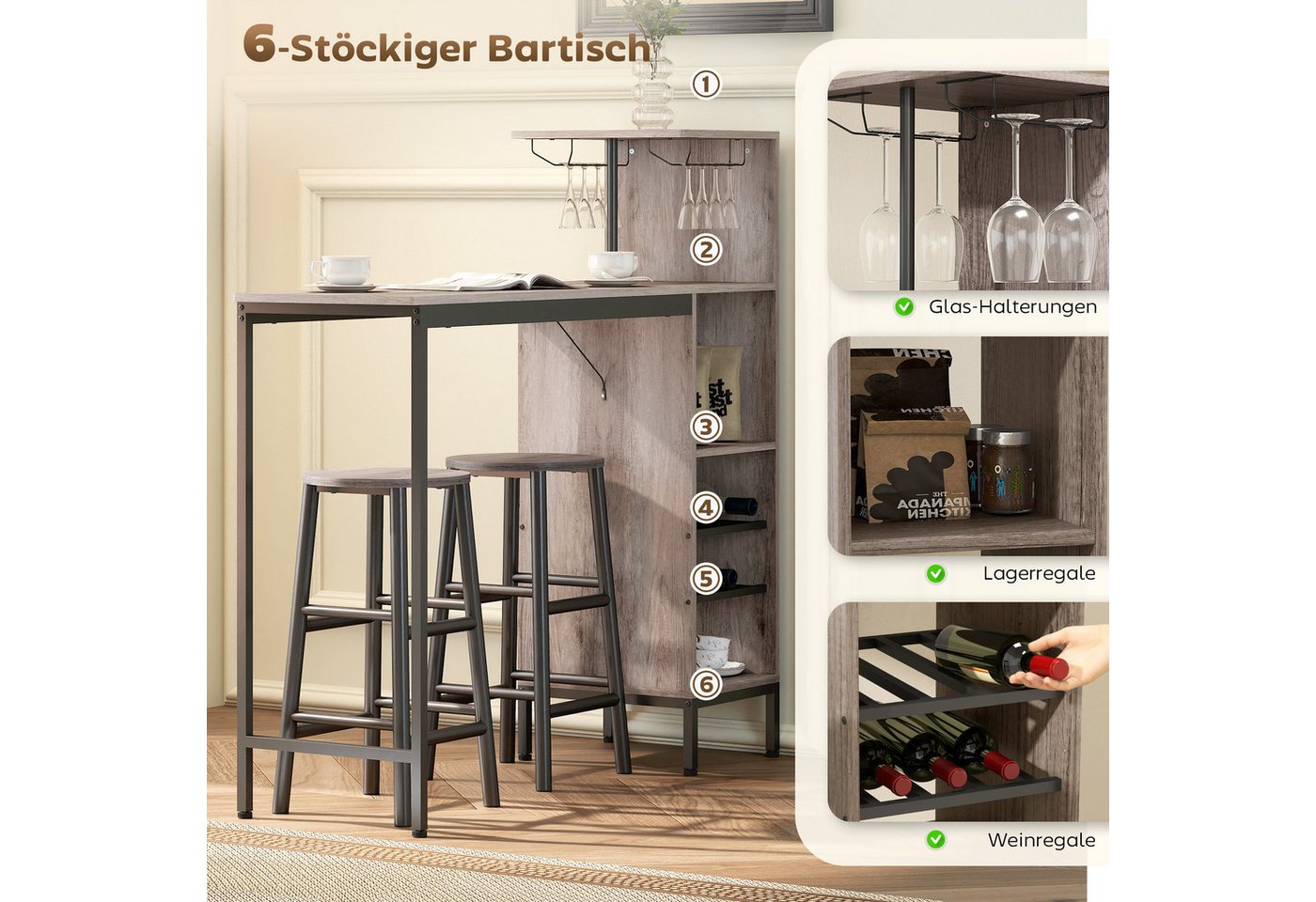 HOMCOM Bargruppe Esstisch mit Weinglashalter, Ablage, Industrial Bartisch Set, (Bartisch-Set, 3-tlg., Esstisch mit 2 Stühlen), Platzsparendes Design, Grau – Bild 4 von 5