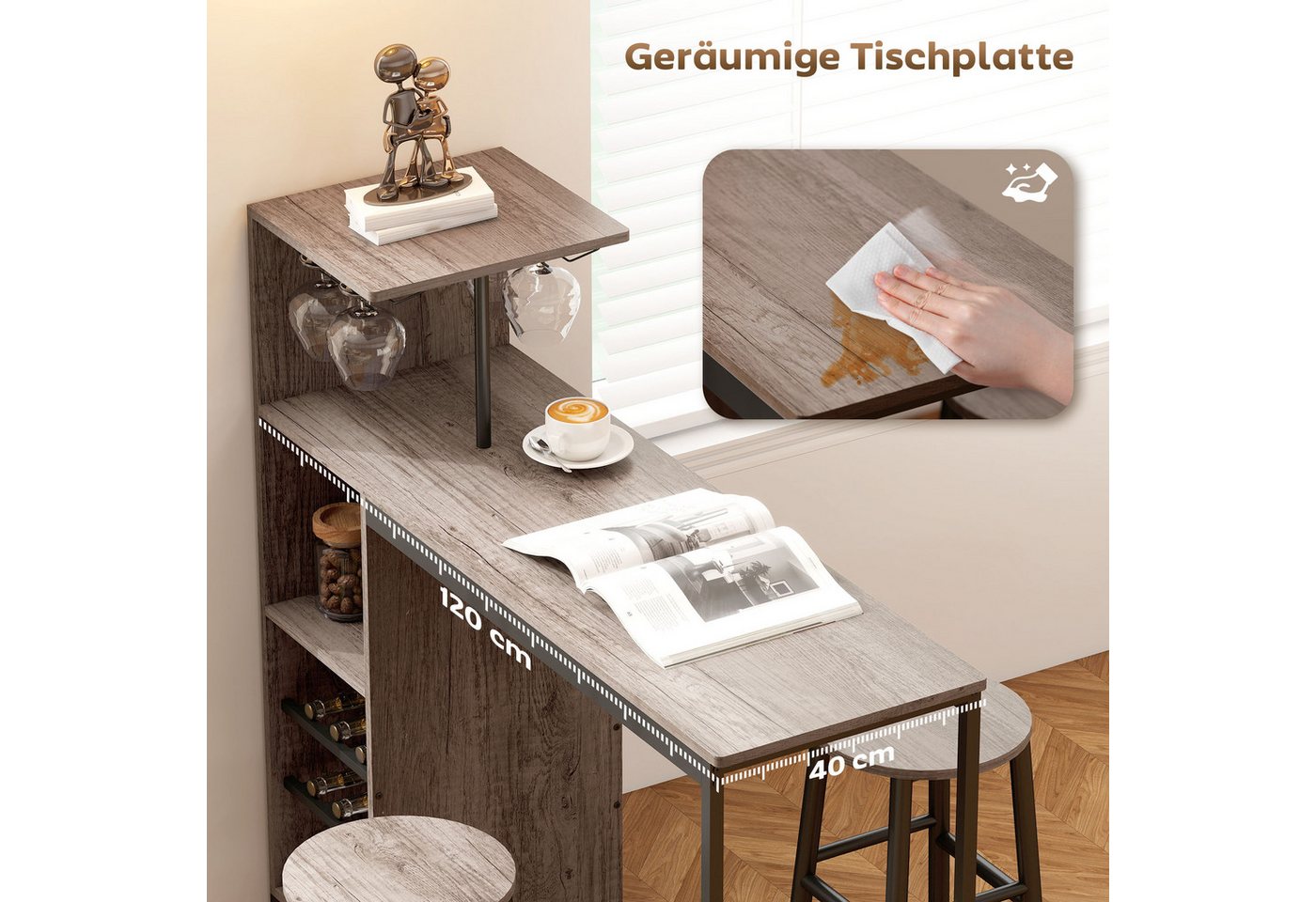 HOMCOM Bargruppe Esstisch mit Weinglashalter, Ablage, Industrial Bartisch Set, (Bartisch-Set, 3-tlg., Esstisch mit 2 Stühlen), Platzsparendes Design, Grau – Bild 5 von 5