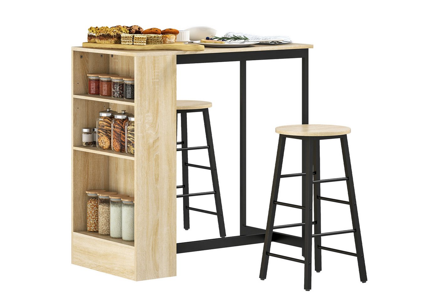 HOMCOM Bargruppe Küchentresen mit 2 Barstühlen, Fußstütze und verstellbaren Ablagen, (Bartisch mit Barhocker Set, 3-tlg., Bartisch-Set), im Modern-Stil, platzsp – Bild 2 von 5