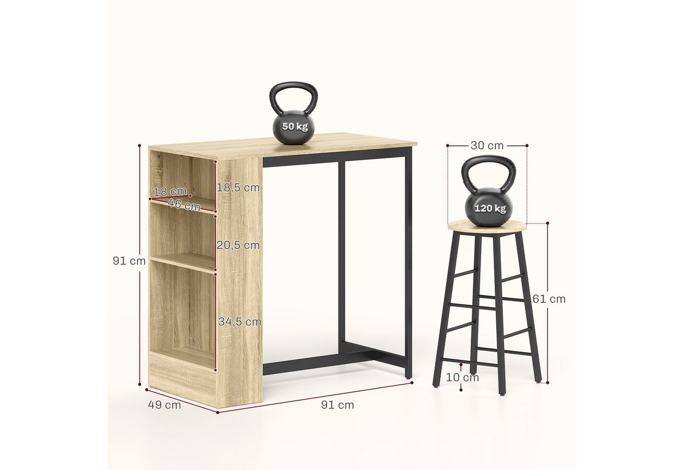 HOMCOM Bargruppe Küchentresen mit 2 Barstühlen, Fußstütze und verstellbaren Ablagen, (Bartisch mit Barhocker Set, 3-tlg., Bartisch-Set), im Modern-Stil, platzsp – Bild 3 von 5