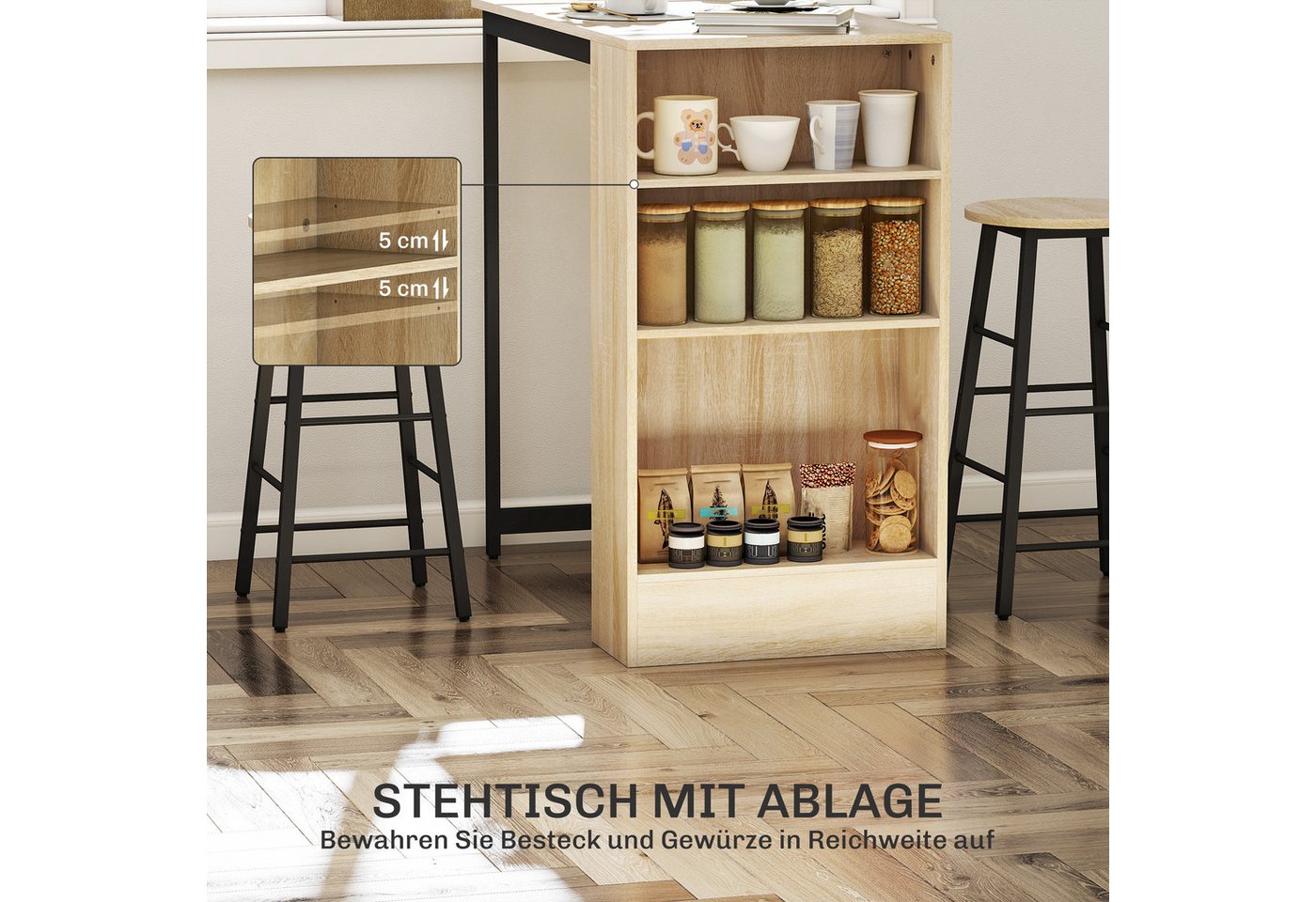HOMCOM Bargruppe Küchentresen mit 2 Barstühlen, Fußstütze und verstellbaren Ablagen, (Bartisch mit Barhocker Set, 3-tlg., Bartisch-Set), im Modern-Stil, platzsp – Bild 4 von 5