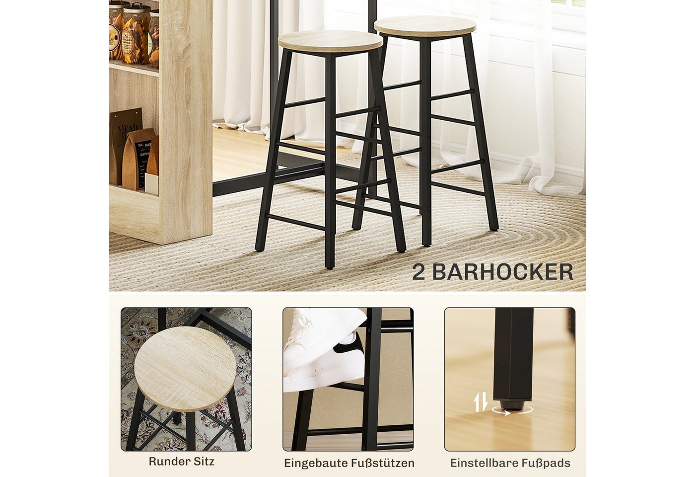 HOMCOM Bargruppe Küchentresen mit 2 Barstühlen, Fußstütze und verstellbaren Ablagen, (Bartisch mit Barhocker Set, 3-tlg., Bartisch-Set), im Modern-Stil, platzsp – Bild 5 von 5