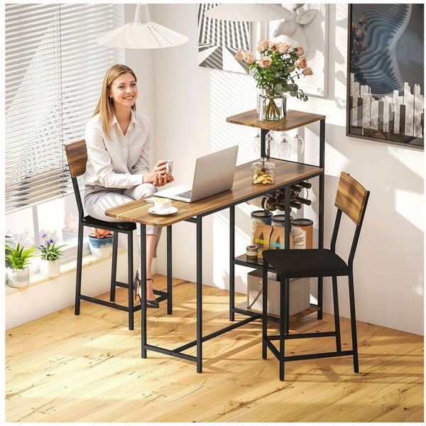 HOMCOM Bargruppe mit klappbar Küchentisch, Weinglashalter, Ablage, 2 Barstühlen, (Bartisch mit Barhocker Set, 3-tlg., Bartisch-Set), im Modern-Stil, für Esszimm