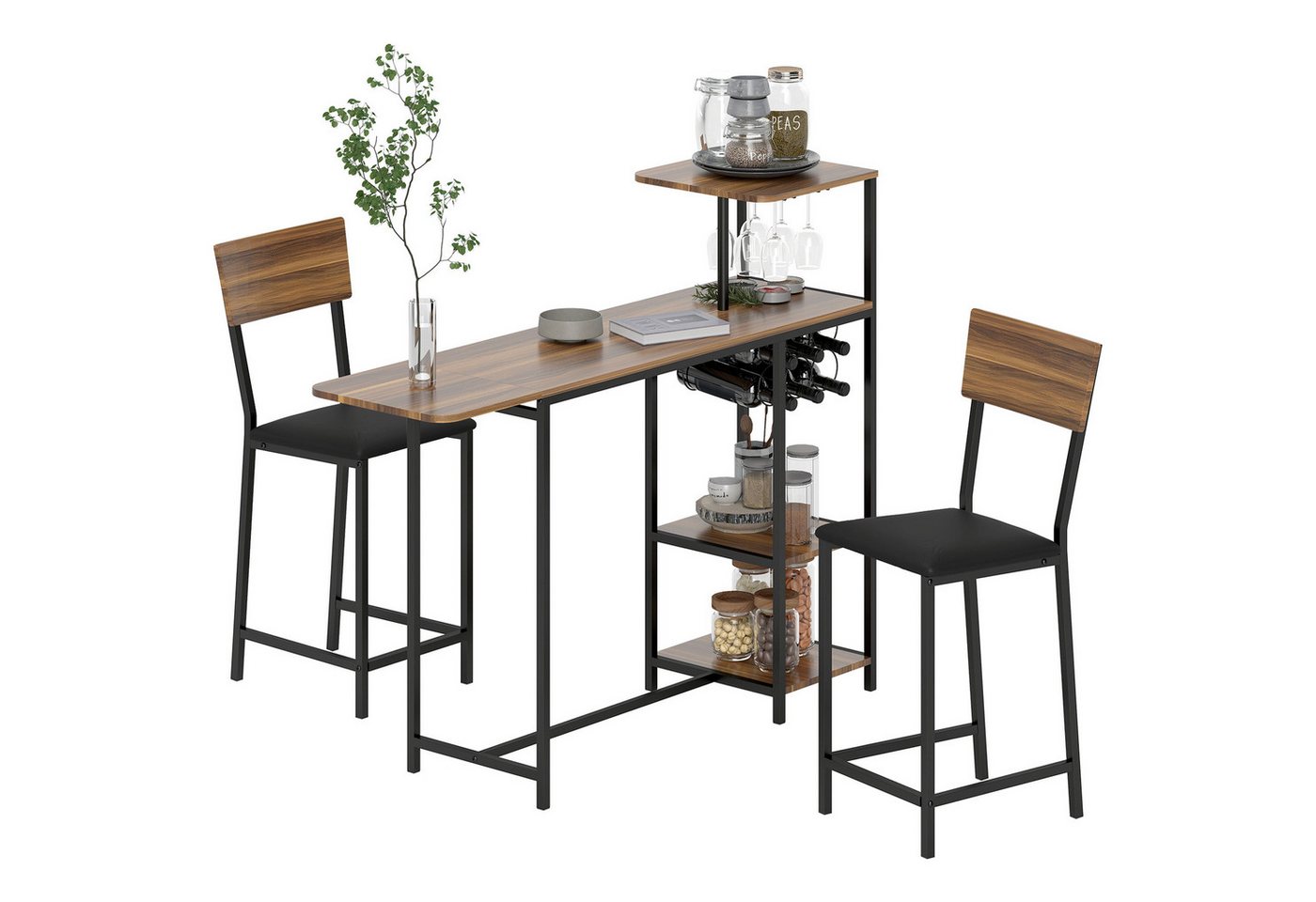 HOMCOM Bargruppe mit klappbar Küchentisch, Weinglashalter, Ablage, 2 Barstühlen, (Bartisch mit Barhocker Set, 3-tlg., Bartisch-Set), im Modern-Stil, für Esszimm – Bild 2 von 5