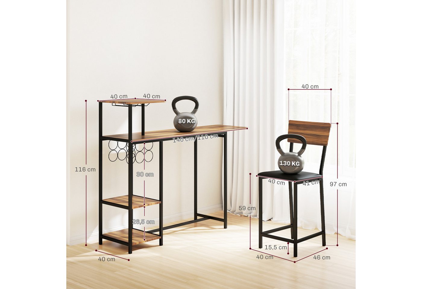 HOMCOM Bargruppe mit klappbar Küchentisch, Weinglashalter, Ablage, 2 Barstühlen, (Bartisch mit Barhocker Set, 3-tlg., Bartisch-Set), im Modern-Stil, für Esszimm – Bild 3 von 5