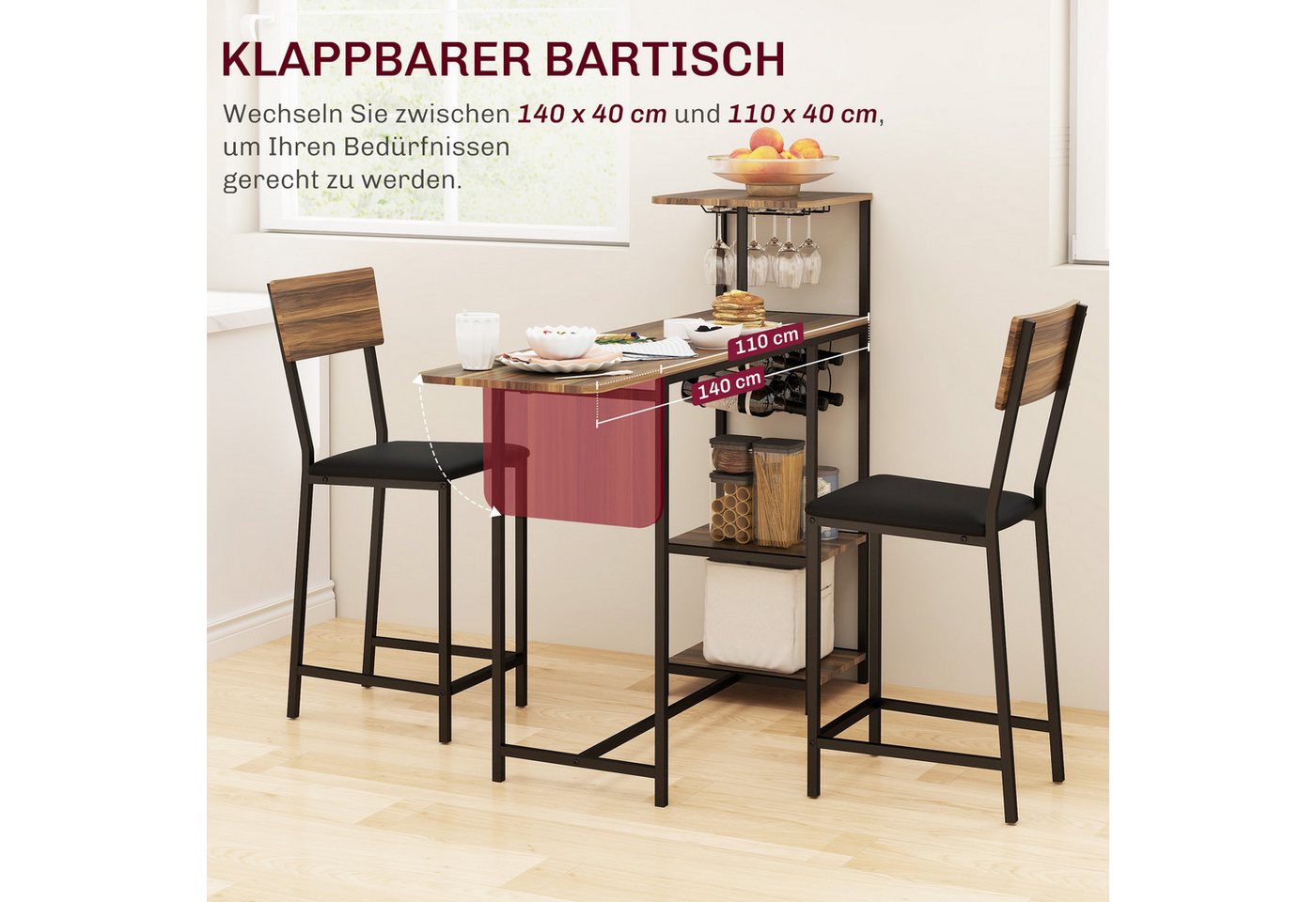 HOMCOM Bargruppe mit klappbar Küchentisch, Weinglashalter, Ablage, 2 Barstühlen, (Bartisch mit Barhocker Set, 3-tlg., Bartisch-Set), im Modern-Stil, für Esszimm – Bild 4 von 5