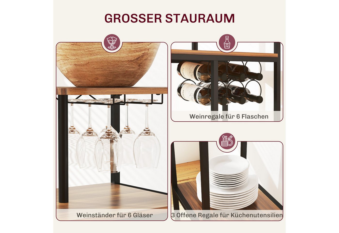HOMCOM Bargruppe mit klappbar Küchentisch, Weinglashalter, Ablage, 2 Barstühlen, (Bartisch mit Barhocker Set, 3-tlg., Bartisch-Set), im Modern-Stil, für Esszimm – Bild 5 von 5