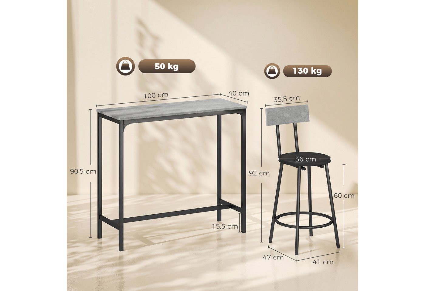 HOMCOM Bargruppe Platzsparendes Bartisch-Set, (Set, 1 Tisch, 2 Barhocker), platzsparend, mit Fußstützen – Bild 3 von 5