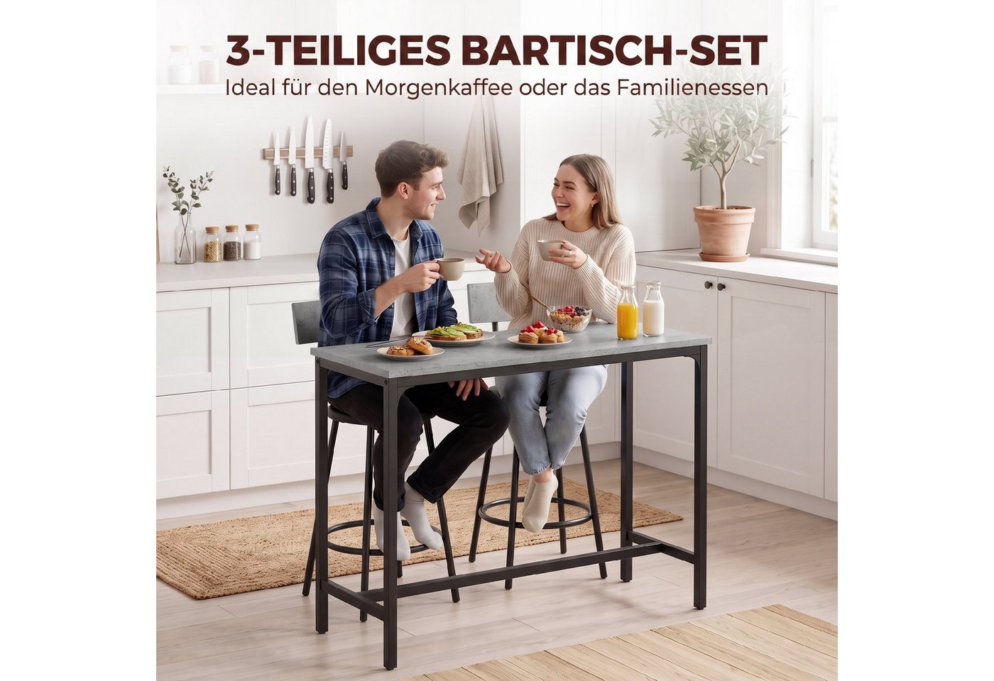 HOMCOM Bargruppe Platzsparendes Bartisch-Set, (Set, 1 Tisch, 2 Barhocker), platzsparend, mit Fußstützen – Bild 4 von 5