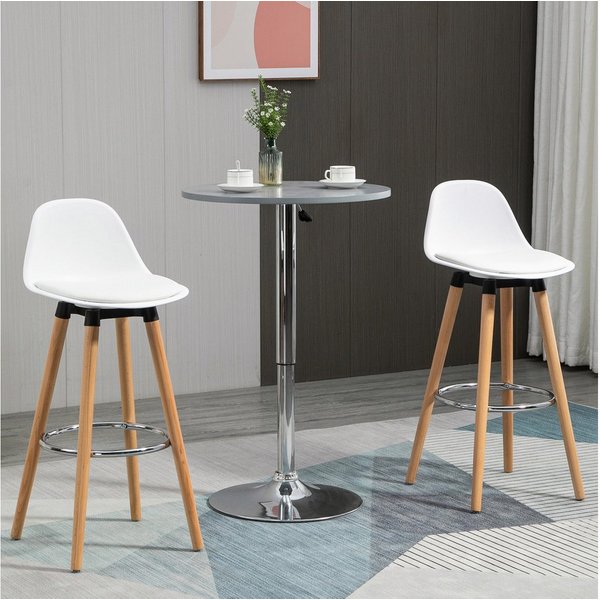 HOMCOM Barhocker Barhocker 2er Set, Barstuhl mit Holzbeine, Rückenlehne, Fußstütze (Tresenstuhl, 2 St., Küchenstuhl), für Esszimmer, Küche, Kunstleder, Weiß, 38