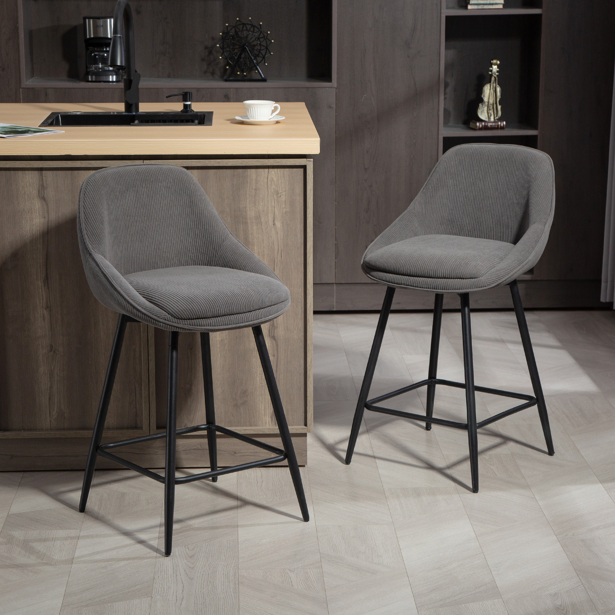 HOMCOM Barhocker 2er Set Tresenhocker Barstuhl mit Fußstütze, Rückenlehne, Kord-Optik, Sitzhöhe 65 cm Küchenstühle mit Stahlgestell Sessel für Küche, Esszimmer  – Bild 2 von 2