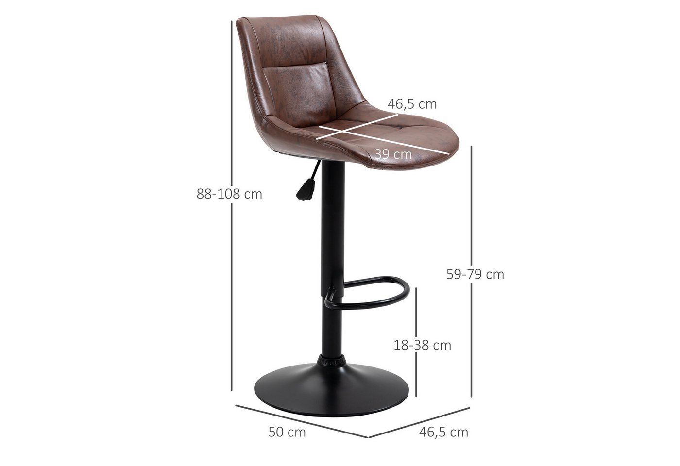 HOMCOM Barhocker Barstuhl, höhenverstellbar, drehbarer Bistrohocker, Kunstleder (Tresenstuhl, 2 St., Küchenhocker), Stahl, Braun 46,5 x 50 x 88-108 cm – Bild 3 von 5
