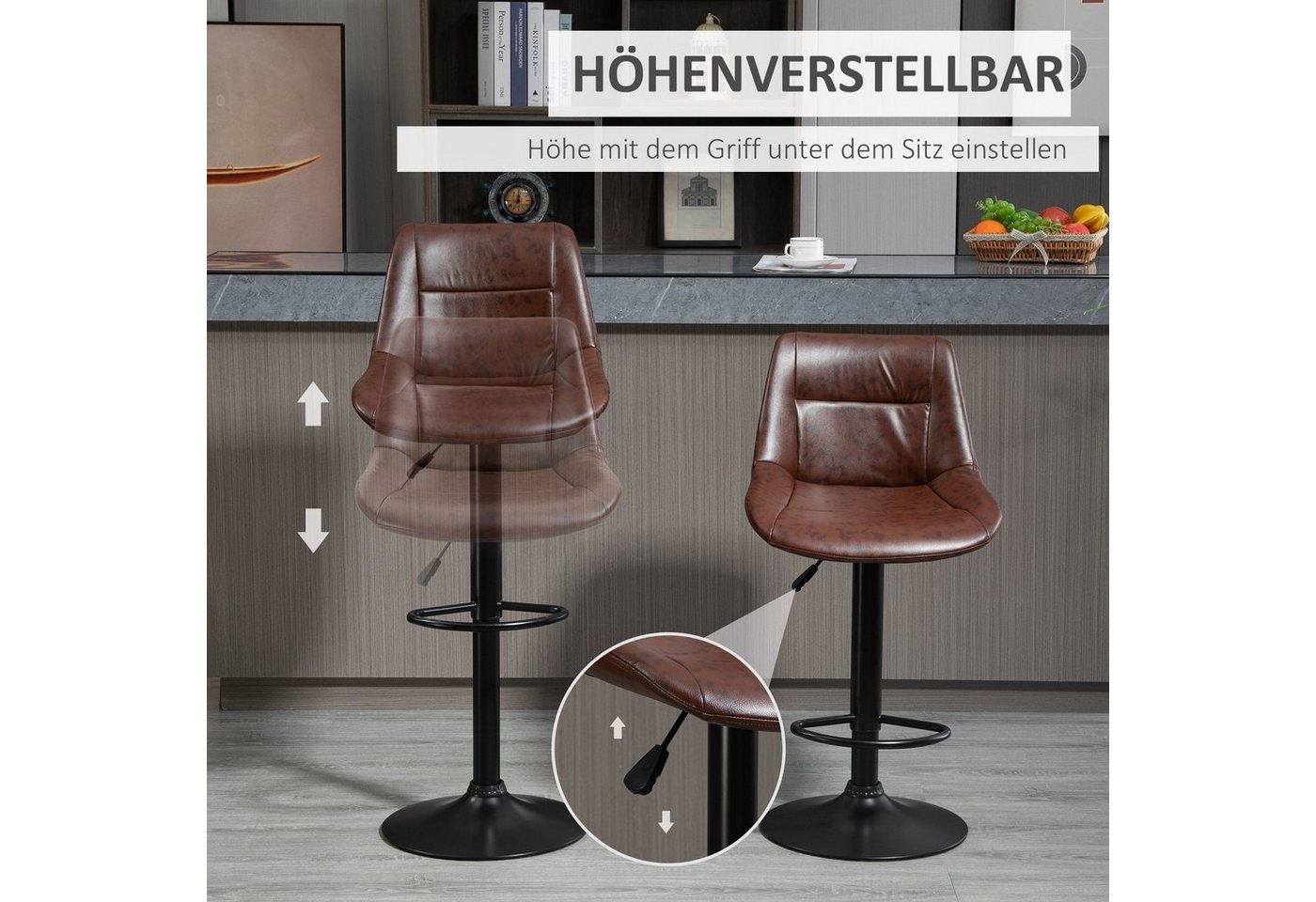 HOMCOM Barhocker Barstuhl, höhenverstellbar, drehbarer Bistrohocker, Kunstleder (Tresenstuhl, 2 St., Küchenhocker), Stahl, Braun 46,5 x 50 x 88-108 cm – Bild 4 von 5