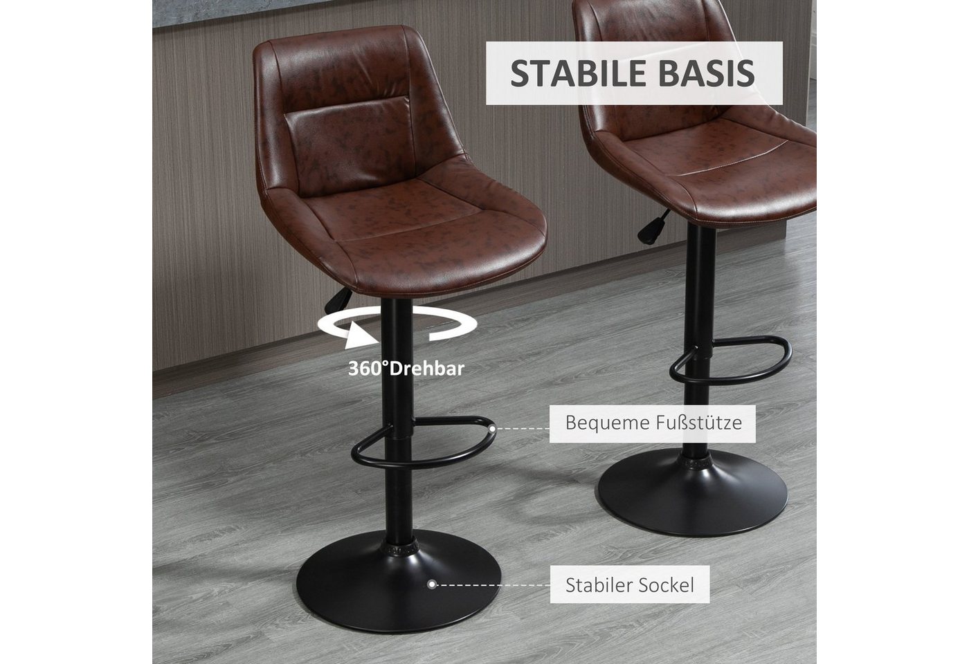 HOMCOM Barhocker Barstuhl, höhenverstellbar, drehbarer Bistrohocker, Kunstleder (Tresenstuhl, 2 St., Küchenhocker), Stahl, Braun 46,5 x 50 x 88-108 cm – Bild 5 von 5