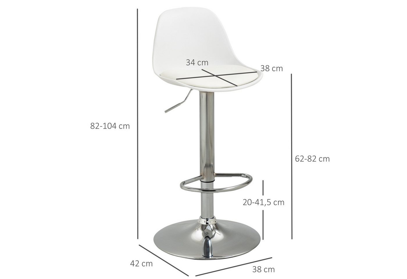 HOMCOM Barhocker Barstuhl mit Stahlgestell, Lehne, Küchenstühle aus Kunstleder (Barstühle, 2 St., Sitzhocker), Weiß 41 x 42 x 82-104 cm – Bild 3 von 5