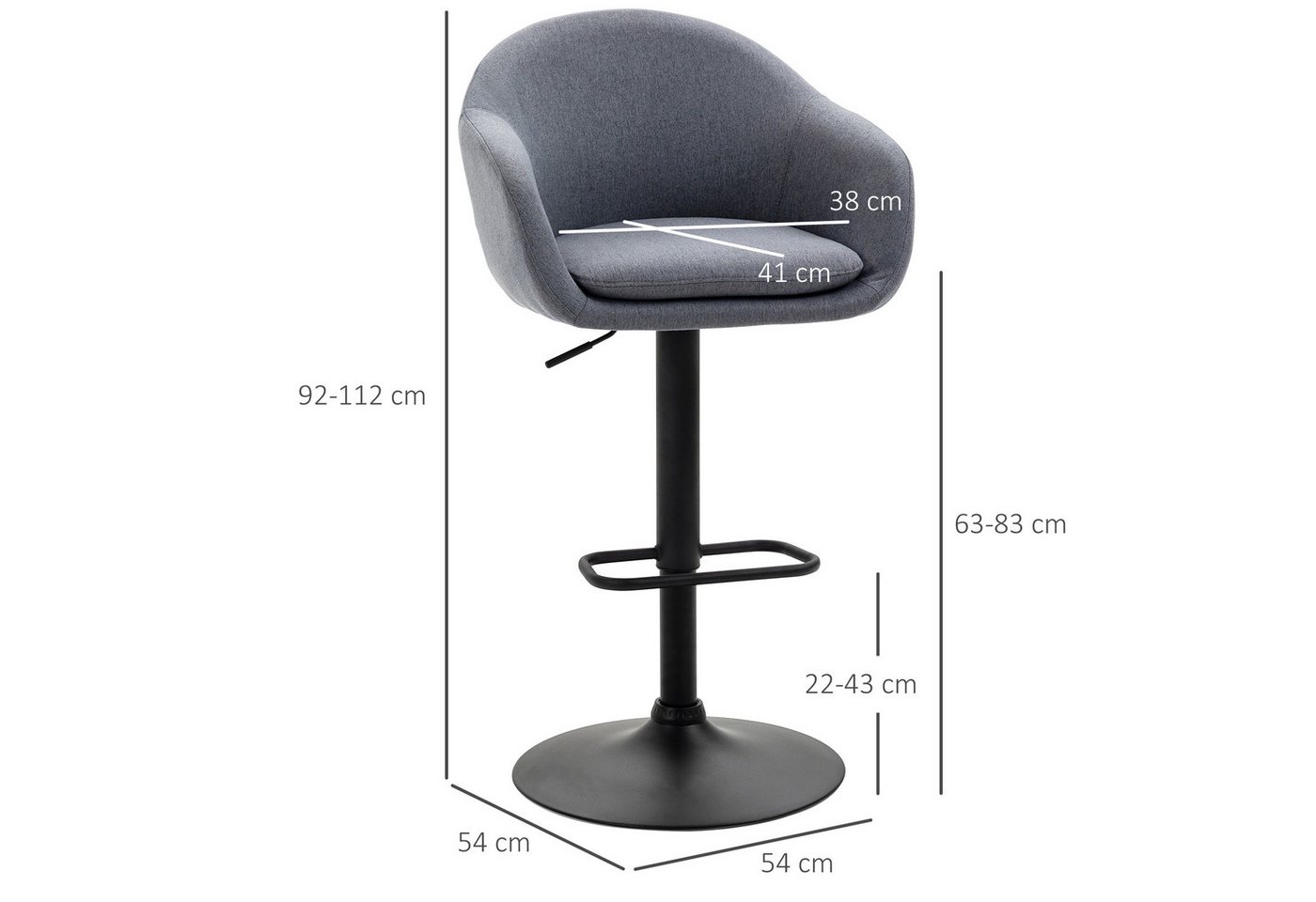 HOMCOM Barhocker Drehbar Barstuhl, Höhenverstellbar Bistrohocker mit Fußstütze (Tresenhocker, 1 St., Barstuhl), Dunkelgrau, 54 x 54 x 92-112 cm – Bild 3 von 5