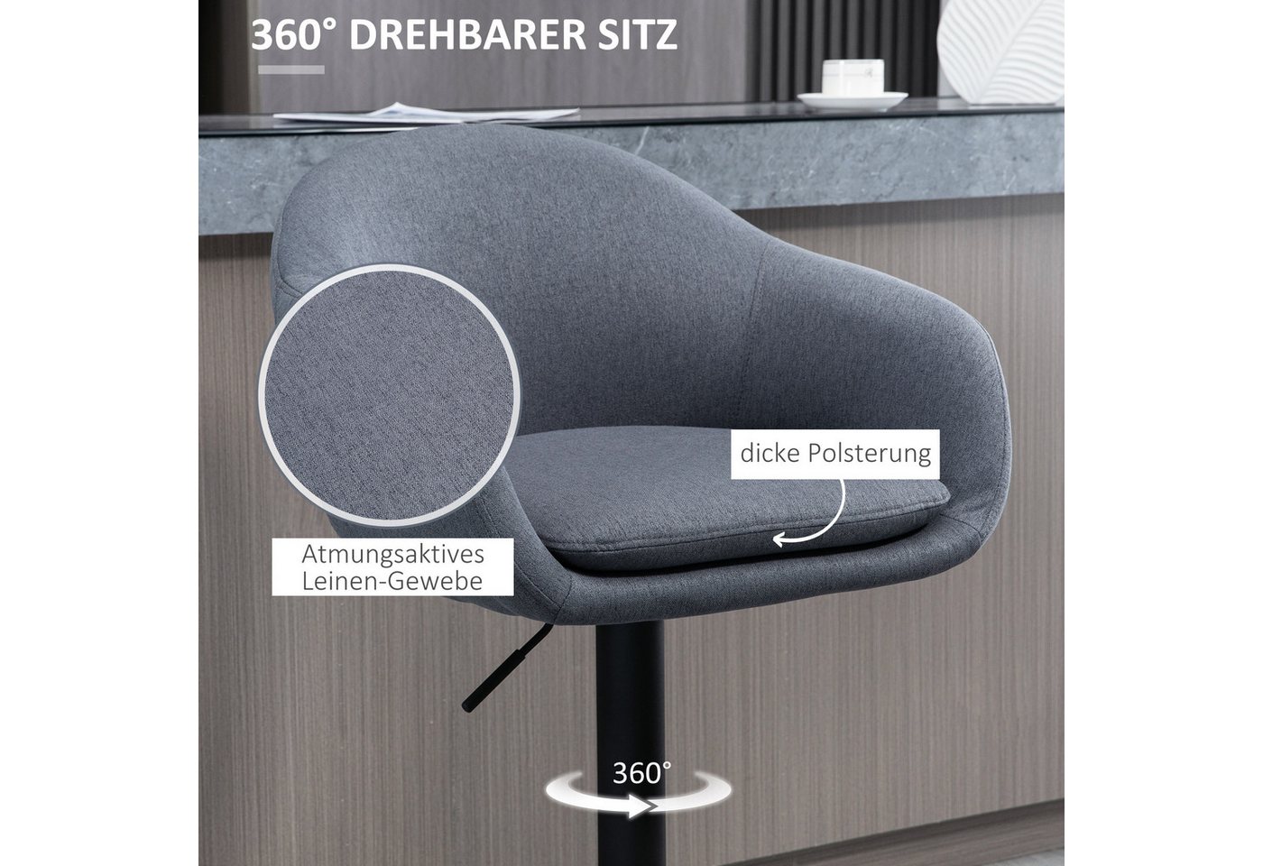 HOMCOM Barhocker Drehbar Barstuhl, Höhenverstellbar Bistrohocker mit Fußstütze (Tresenhocker, 1 St., Barstuhl), Dunkelgrau, 54 x 54 x 92-112 cm – Bild 5 von 5
