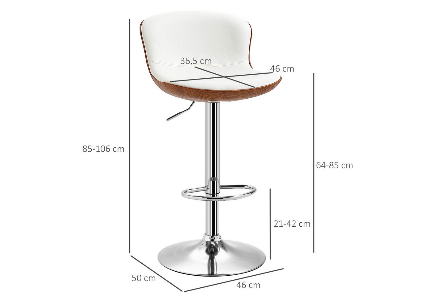 HOMCOM Barhocker Drehbar Barstuhl, höhenverstellbar, Küchenhocker, aus Kunstleder (Barstühle, 2 St., Tresenhocker), für Wohnzimmer, Esszimmer, Cremeweiß – Bild 3 von 5