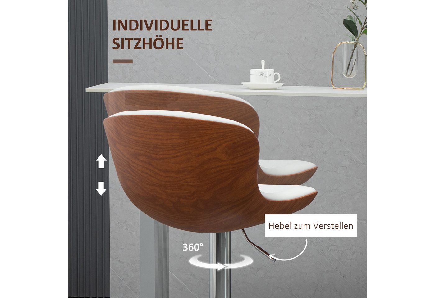 HOMCOM Barhocker Drehbar Barstuhl, höhenverstellbar, Küchenhocker, aus Kunstleder (Barstühle, 2 St., Tresenhocker), für Wohnzimmer, Esszimmer, Cremeweiß – Bild 5 von 5