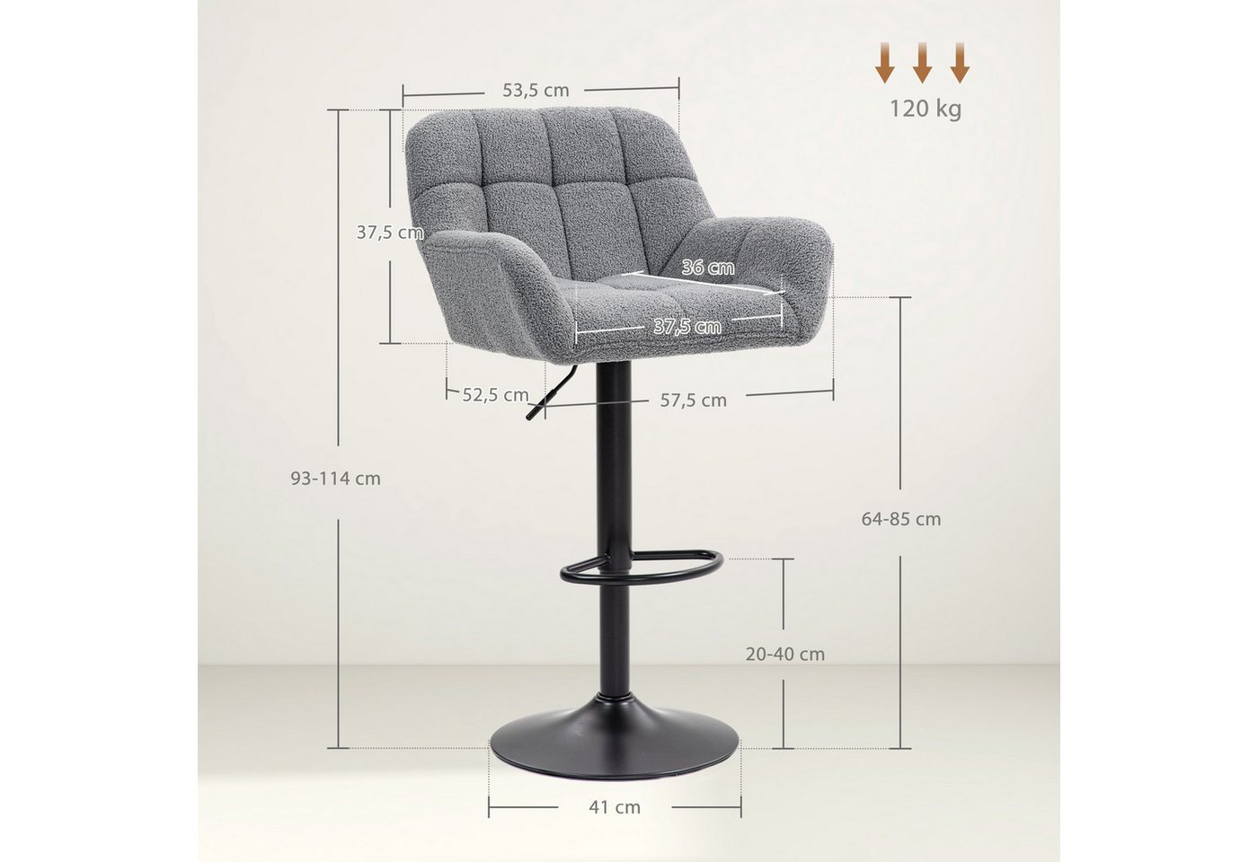 HOMCOM Barhocker Küchenstühle mit Kunstleder, Lehne und Fußstütze für Bartheke (Bistrohocker, 2 St., Barstuhl), Grau 57,5 x 52,5 x 93-114 cm – Bild 3 von 5
