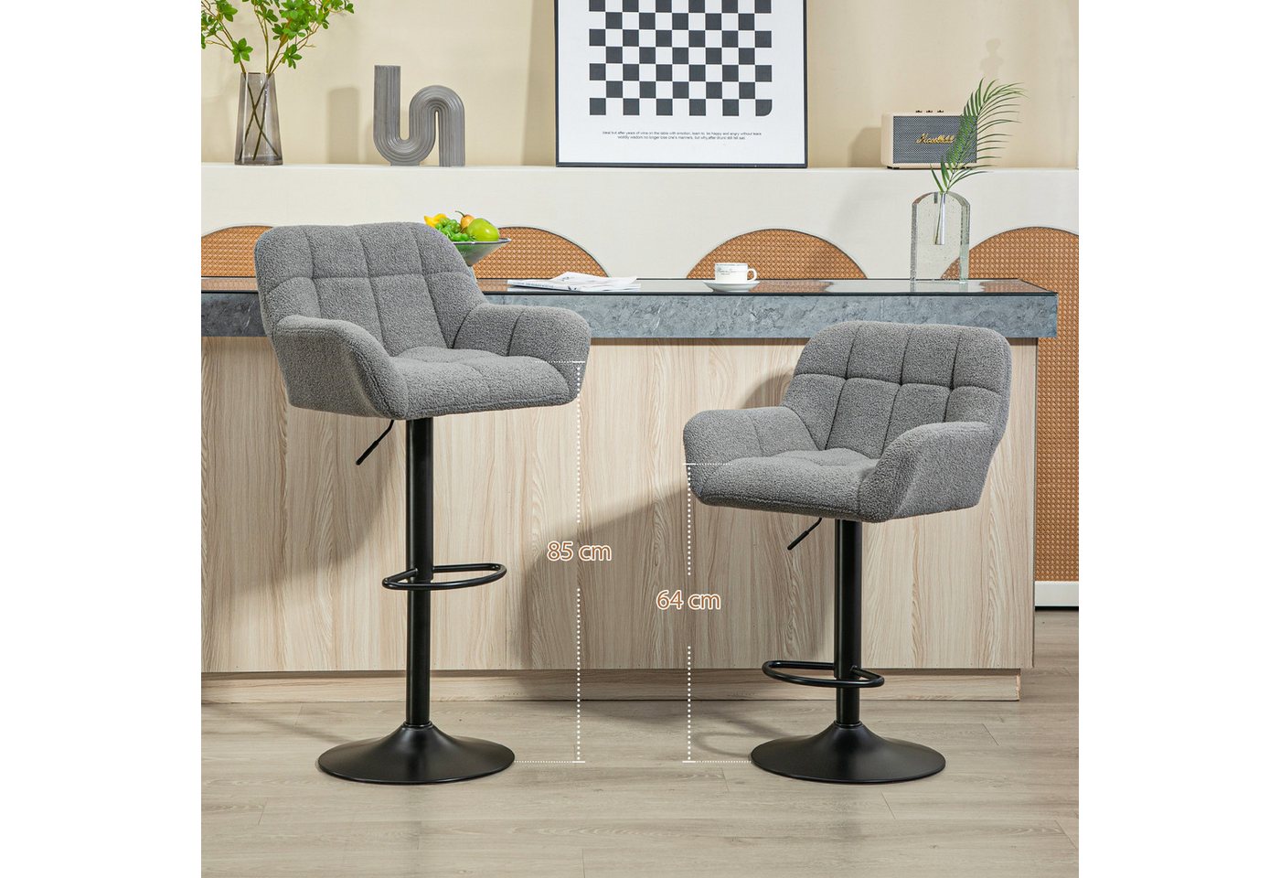 HOMCOM Barhocker Küchenstühle mit Kunstleder, Lehne und Fußstütze für Bartheke (Bistrohocker, 2 St., Barstuhl), Grau 57,5 x 52,5 x 93-114 cm – Bild 4 von 5