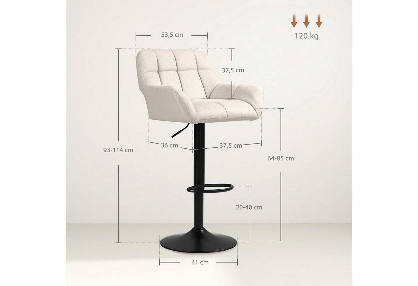 HOMCOM Barhocker Küchenstühle mit Kunstleder, Lehne und Fußstütze für Bartheke (Bistrohocker, 2 St., Barstuhl), Cremeweiß 57,5 x 52,5 x 93-114 cm – Bild 3 von 5