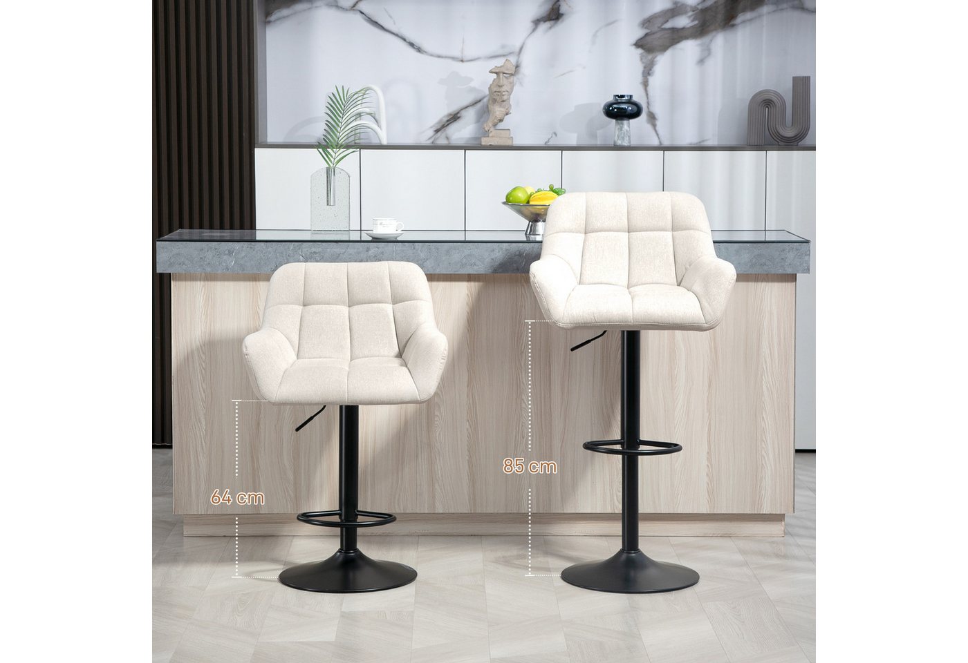 HOMCOM Barhocker Küchenstühle mit Kunstleder, Lehne und Fußstütze für Bartheke (Bistrohocker, 2 St., Barstuhl), Cremeweiß 57,5 x 52,5 x 93-114 cm – Bild 4 von 5