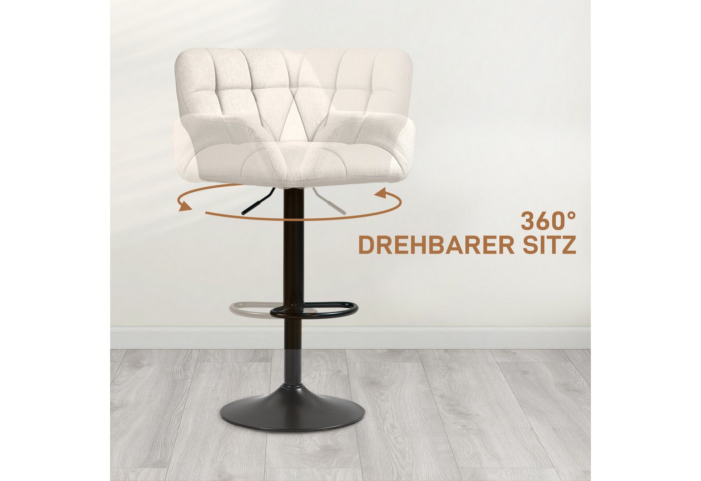 HOMCOM Barhocker Küchenstühle mit Kunstleder, Lehne und Fußstütze für Bartheke (Bistrohocker, 2 St., Barstuhl), Cremeweiß 57,5 x 52,5 x 93-114 cm – Bild 5 von 5