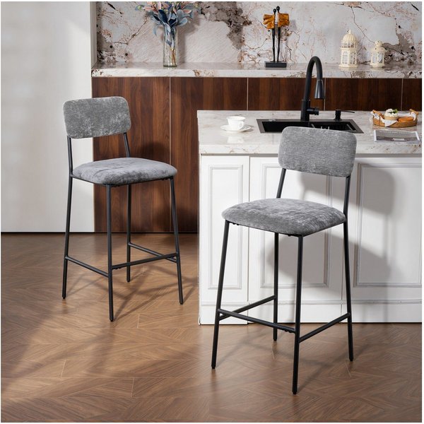 HOMCOM Barhocker mit Rückenlehne, Fußstütze (Barstuhl, 2 St., Bistrohocker), für Küche, Esszimmer, Grau