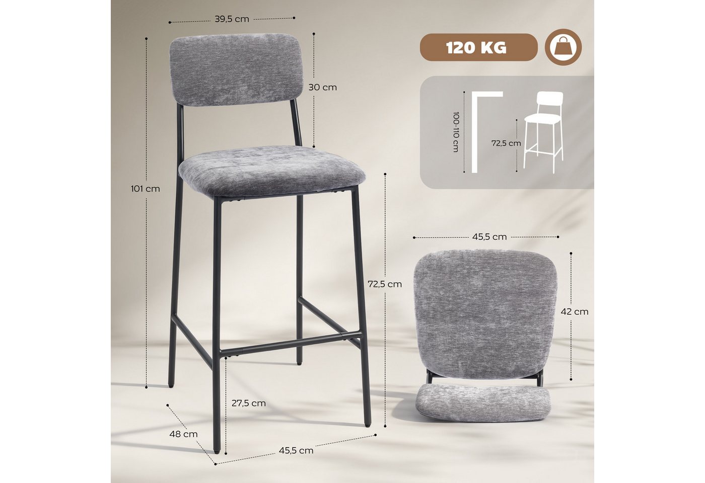 HOMCOM Barhocker mit Rückenlehne, Fußstütze (Barstuhl, 2 St., Bistrohocker), für Küche, Esszimmer, Grau – Bild 3 von 5