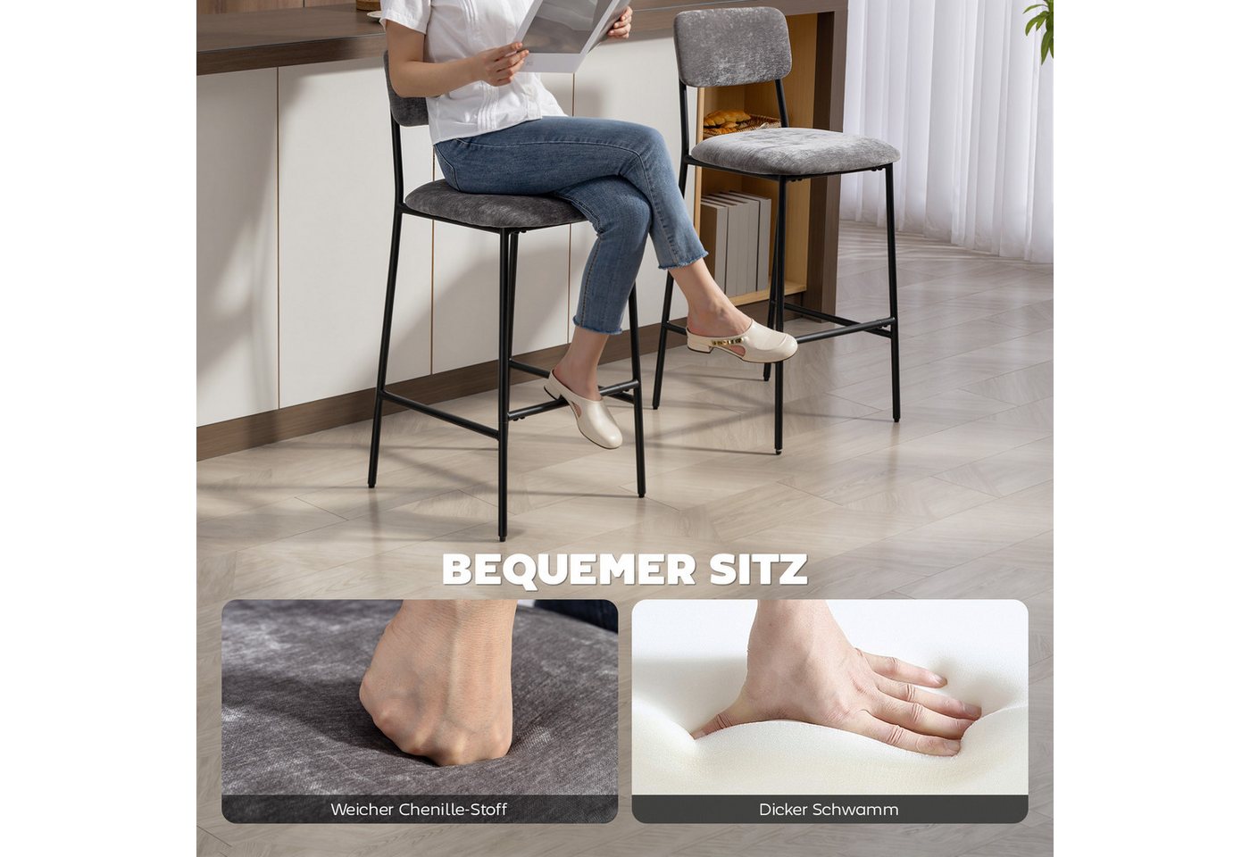 HOMCOM Barhocker mit Rückenlehne, Fußstütze (Barstuhl, 2 St., Bistrohocker), für Küche, Esszimmer, Grau – Bild 4 von 5